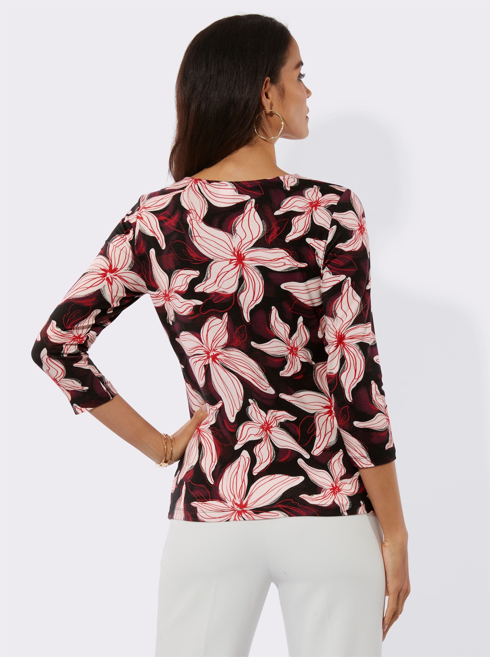 T-shirt à manches 3/4 au motif floral - noir-couleur ivoire imprimé