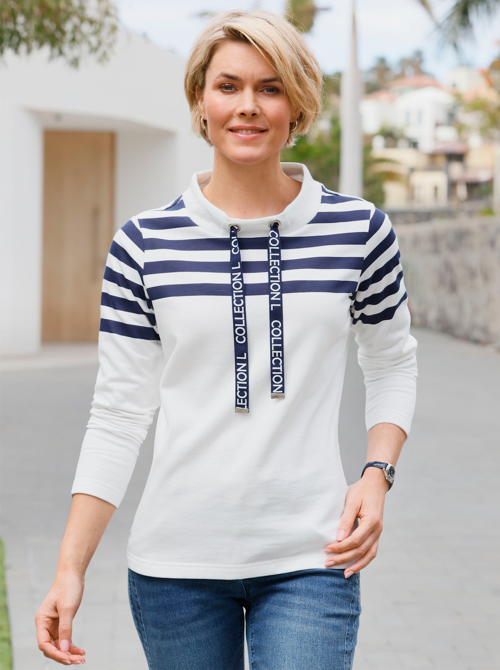 Sweatshirt met hoge opstaande kraag - ecru/marine