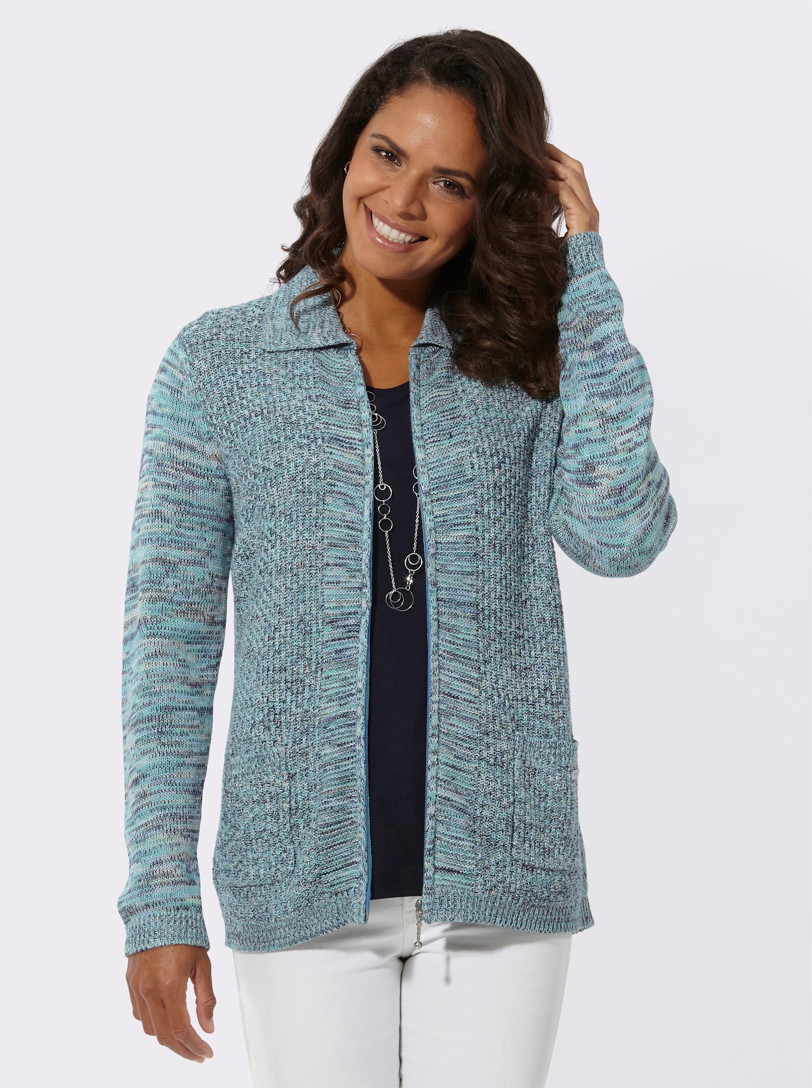 Strickjacke mit Struktur-Muster - blaugrün-himmelblau-meliert