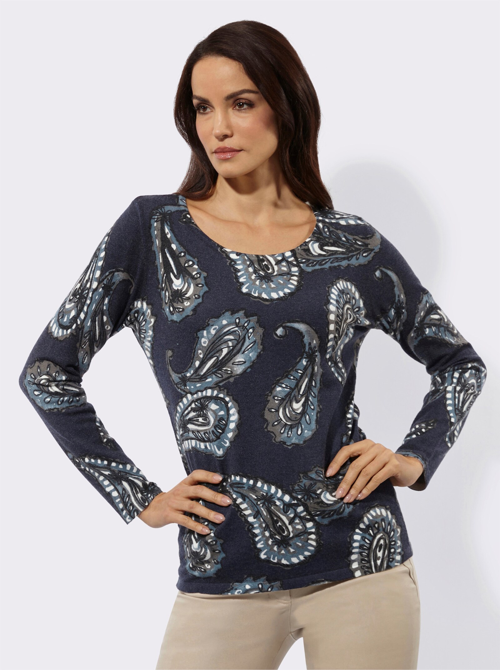 Feinstrickpullover mit Paisley-Dessin - marine-bedruckt