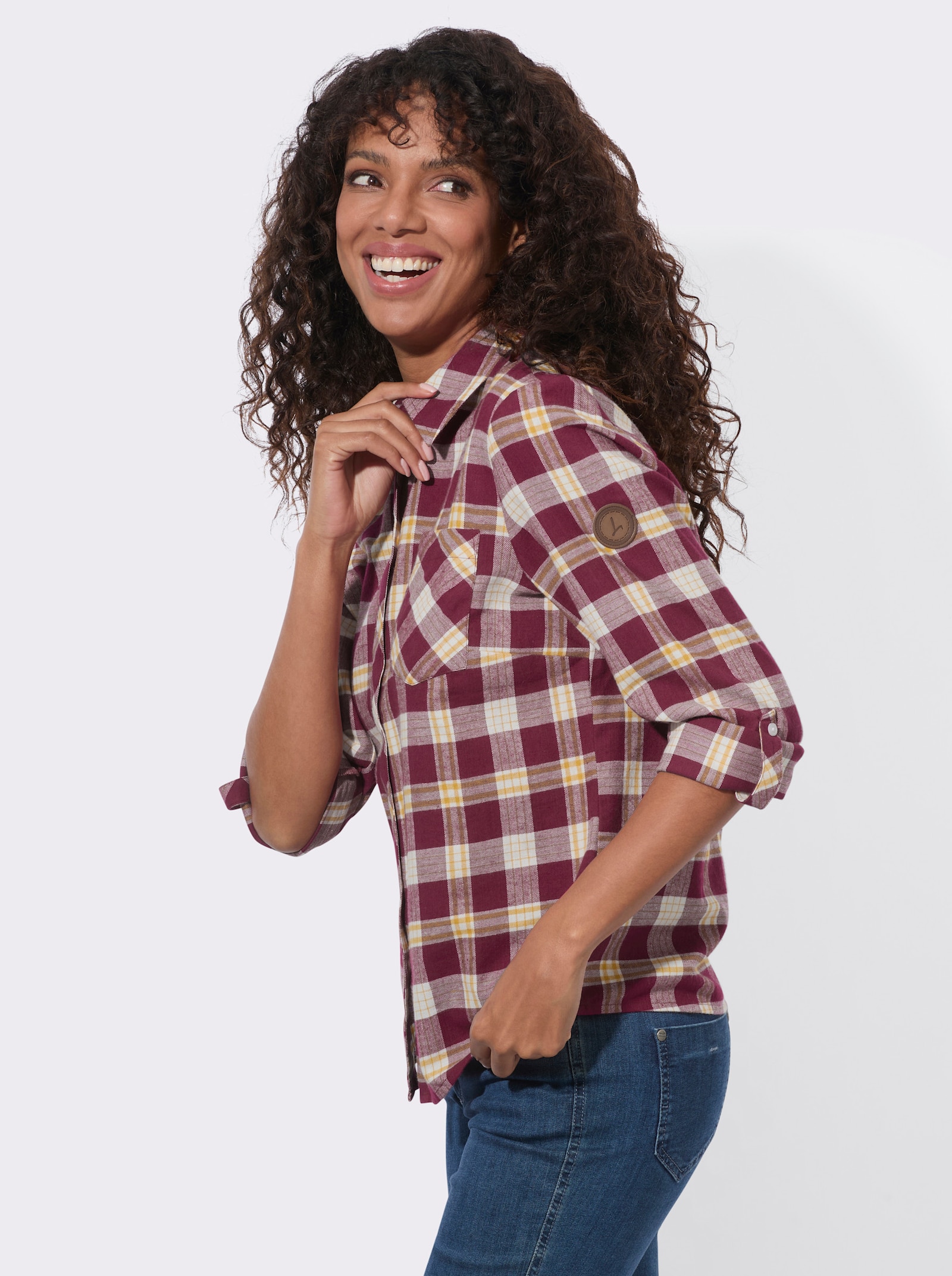  Flanellbluse mit abgerundetem Saum - bordeaux-ecru-kariert
