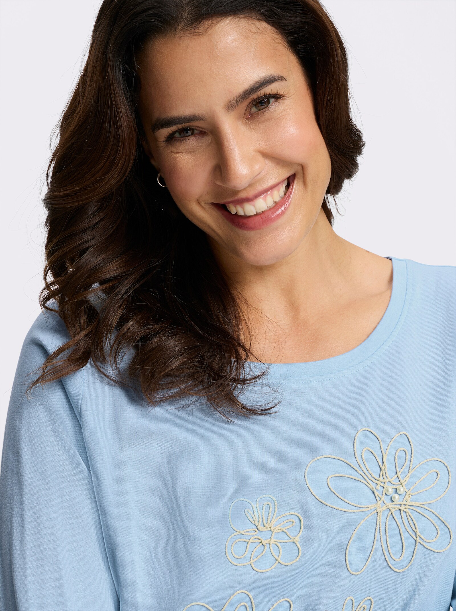 Langarmshirt mit Kordelstickerei und Zierperlen - eisblau