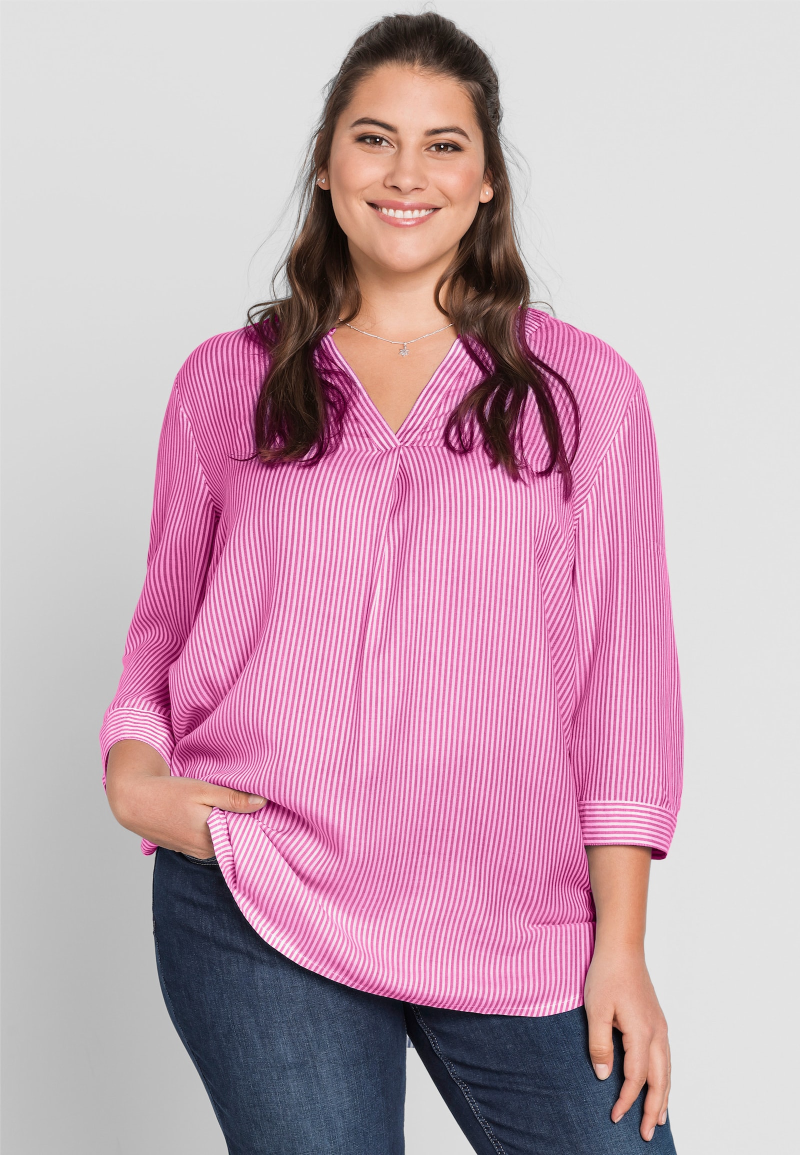 sheego Tunika - magenta-weiß-gestreift