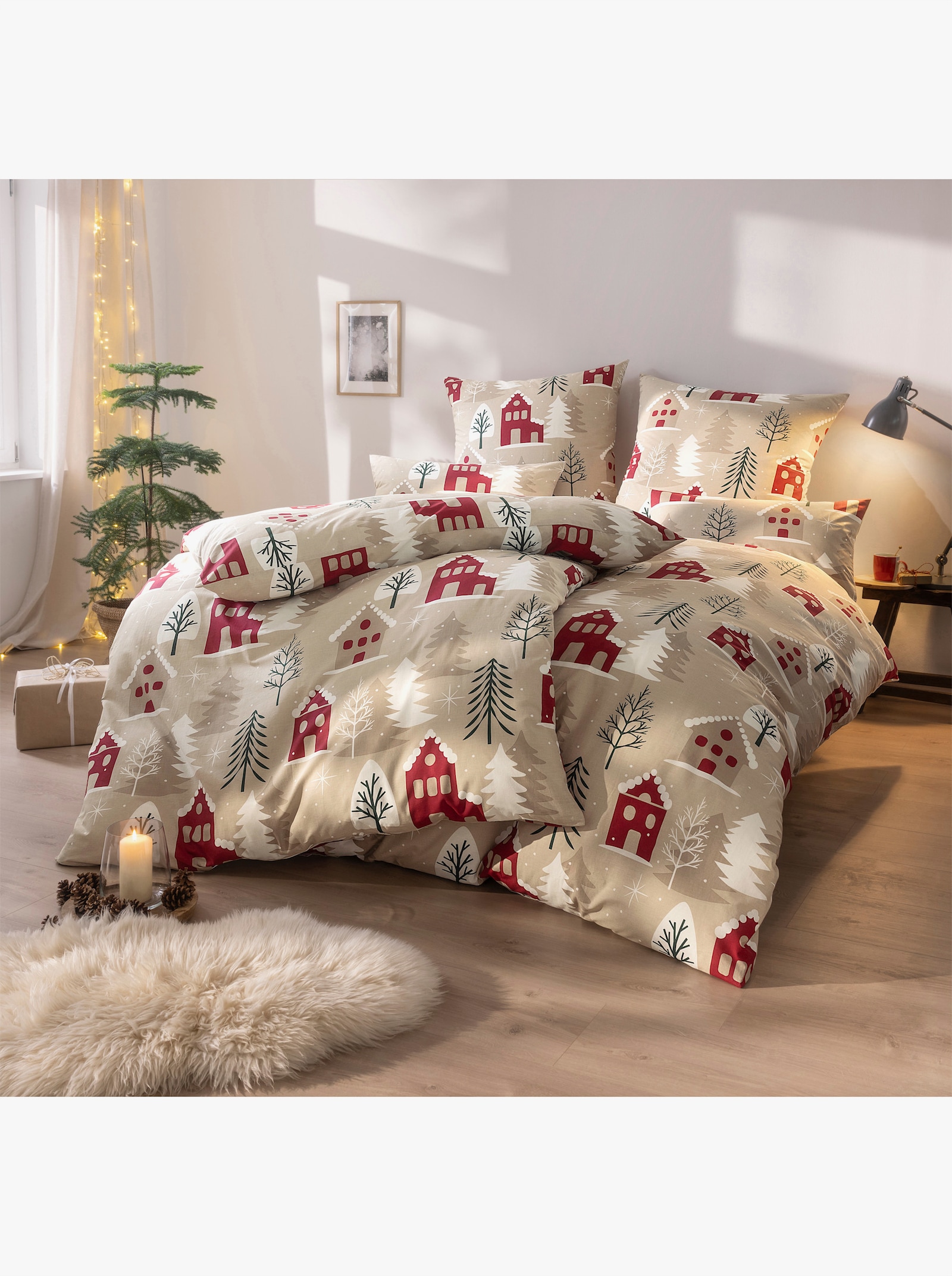 wäschepur Bettwäsche im winterlichen Dessin - beige-dunkelrot-bedruckt
