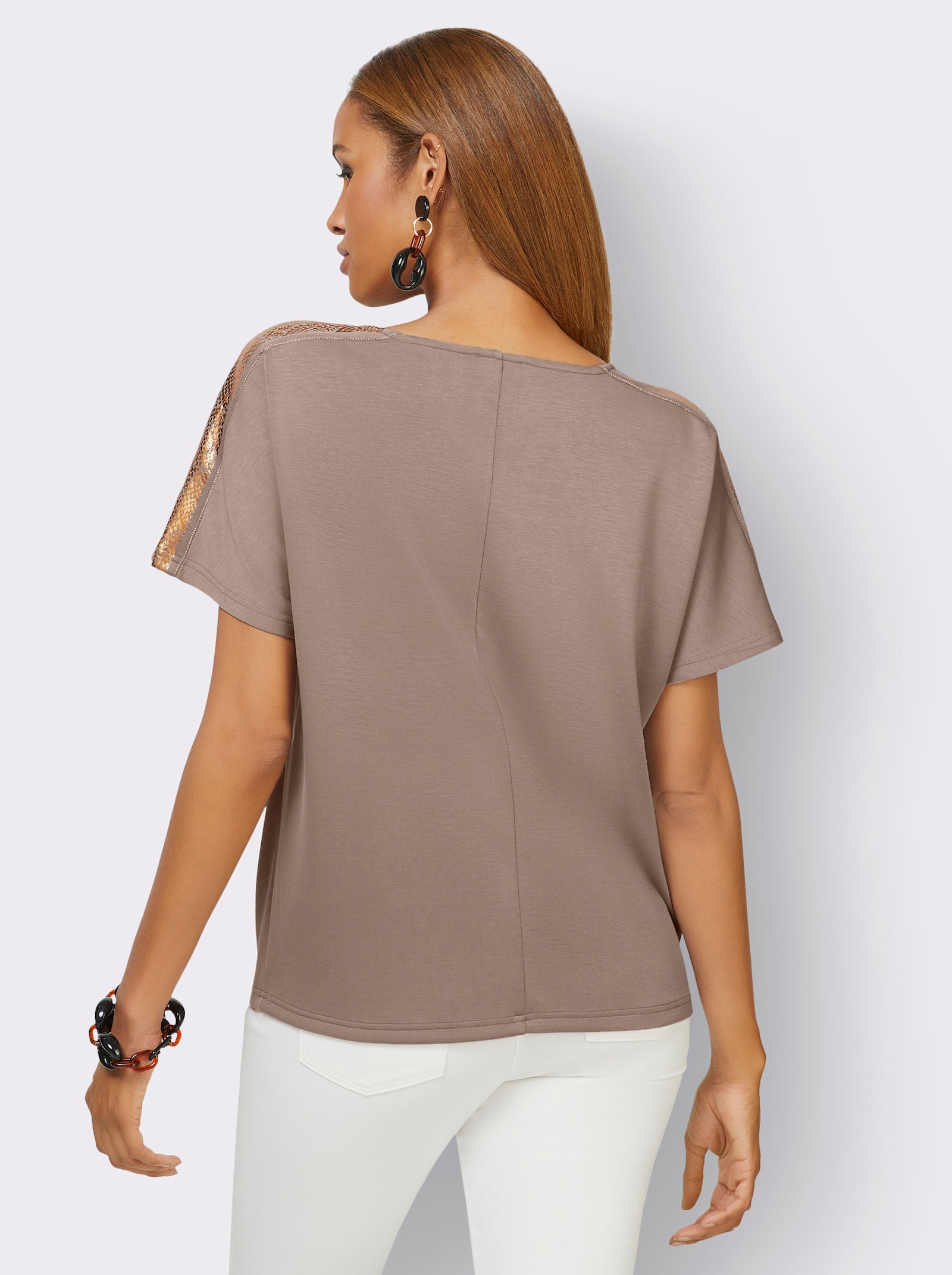 Shirt met cascadehals en oversized schouders - taupe/bronskleurig bedrukt