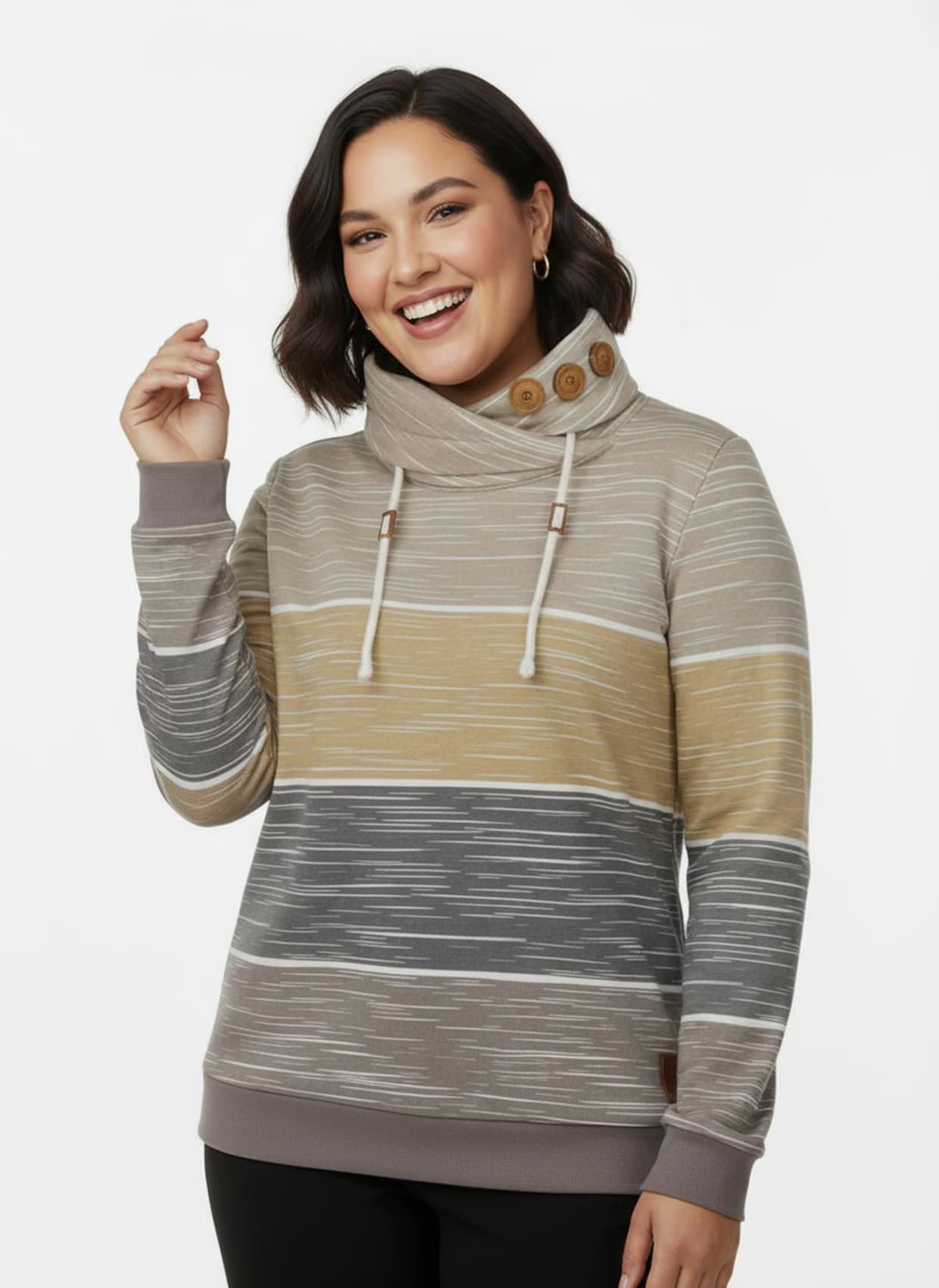 Sweatshirt mit Zierknöpfen am Kragen - dunkeltaupe-sesam-bedruckt