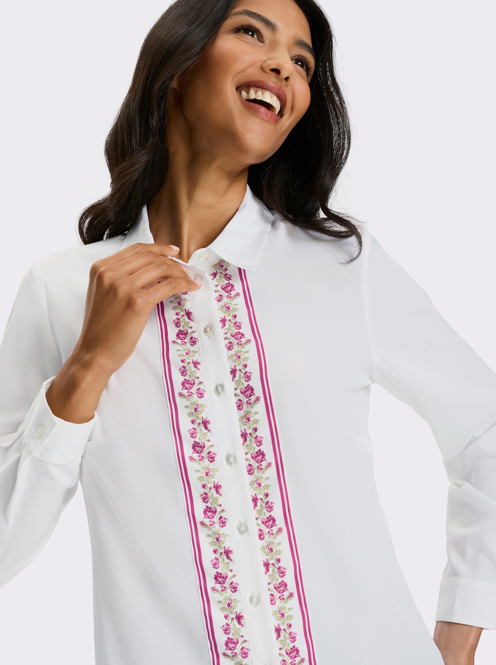 Klasická blúzka, kvetová bordúra - Svetlobéžová a ruženínová potlač