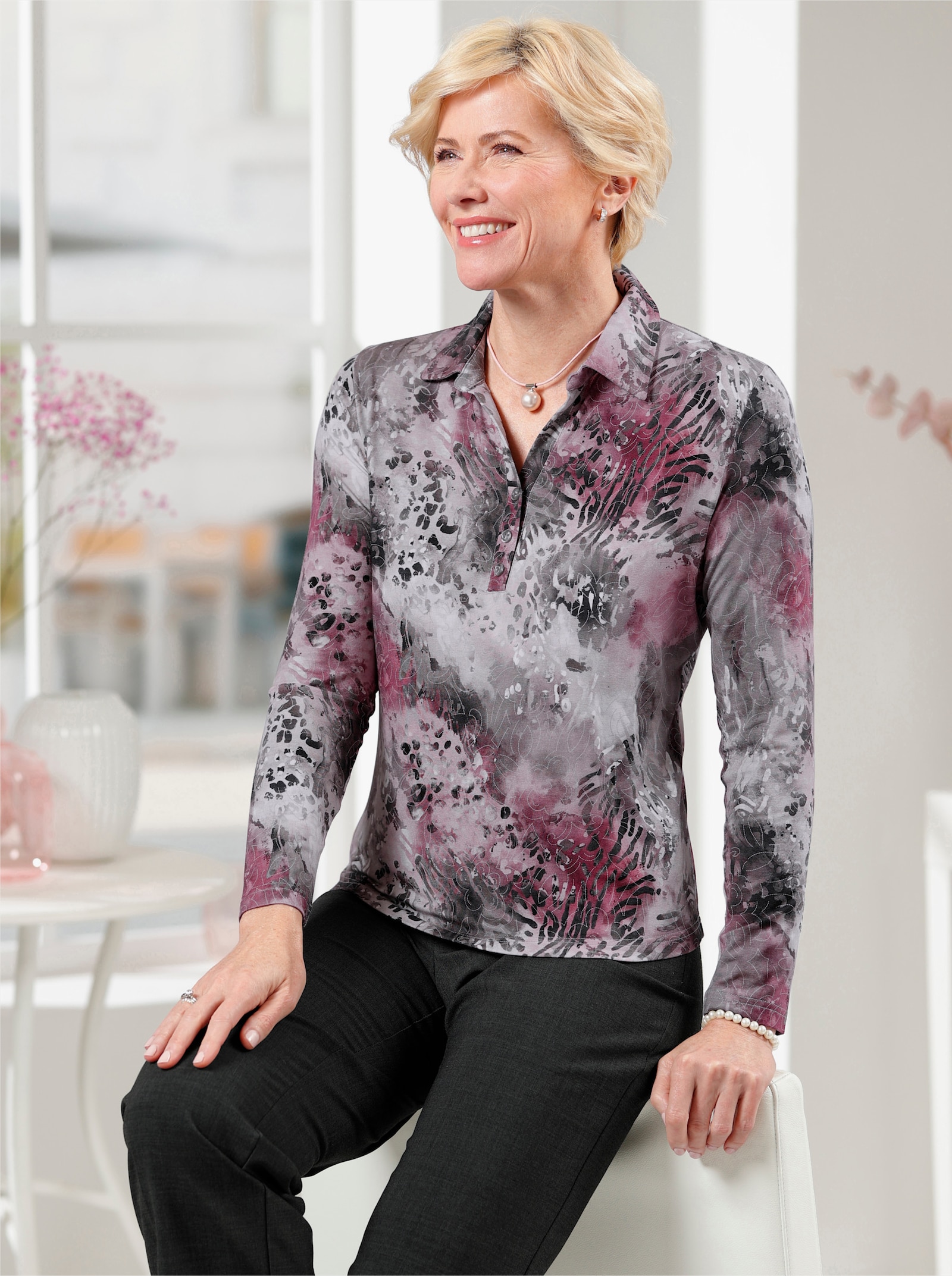 Poloshirt in Viskose-Qualität - steingrau-mauve-bedruckt