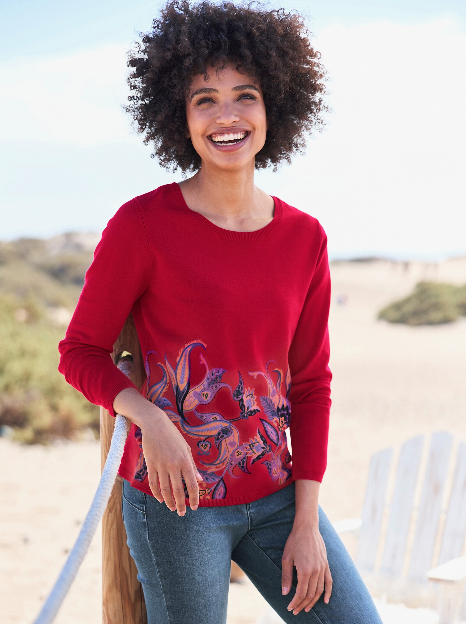 heine Feinstrickpullover mit Paisley-Dessin - rot-schwarz-bedruckt