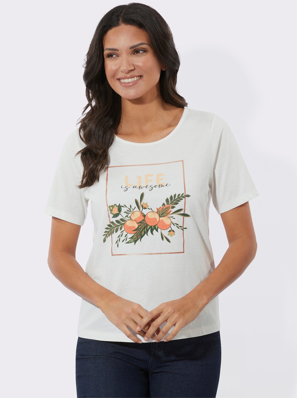 Shirt met ronde hals - ecru/papaja