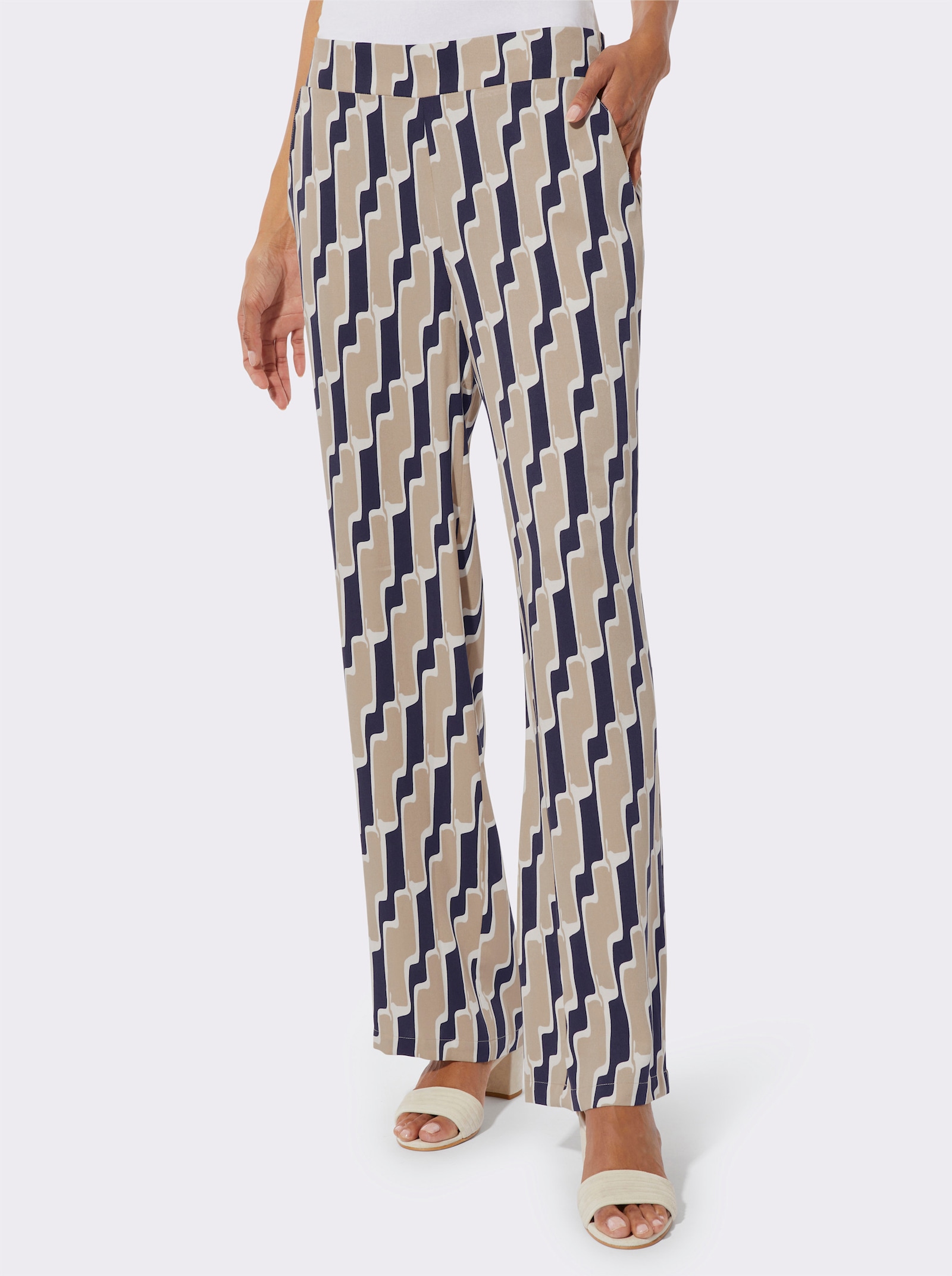 Palazzohose mit weiten Beinen - beige-marine-bedruckt
