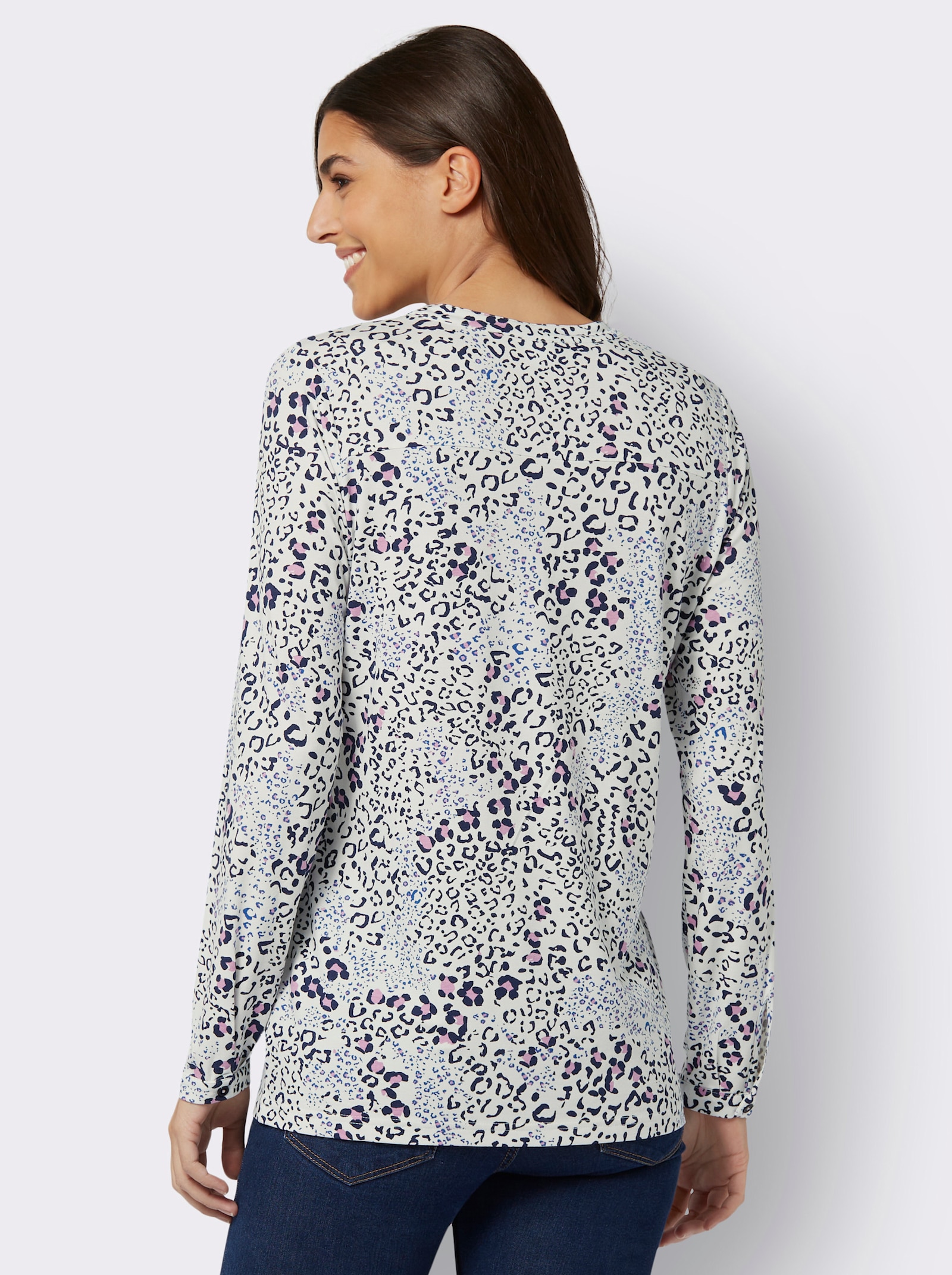 Žerzejová halenka s knoflíkovou lištou - ecru-námořnická modrá-potisk