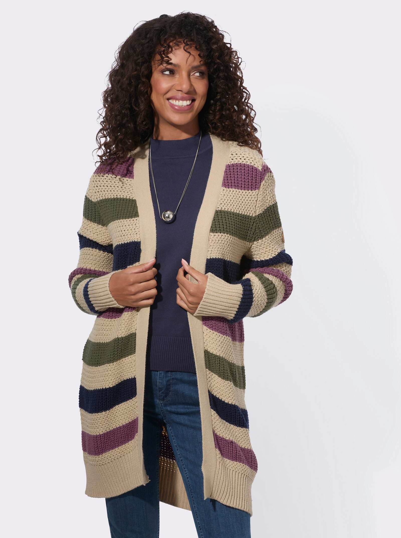 Strickjacke in verschlussloser Form - sand-khaki-geringelt