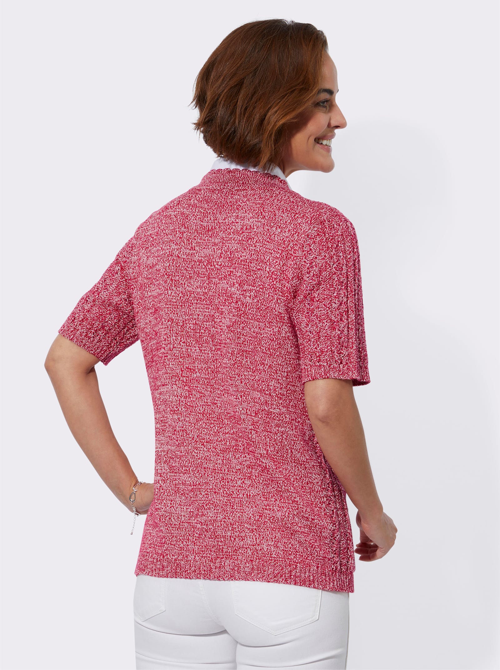 Ajourstrickjacke mit Taschen, aufgesetzt - rot-ecru-meliert