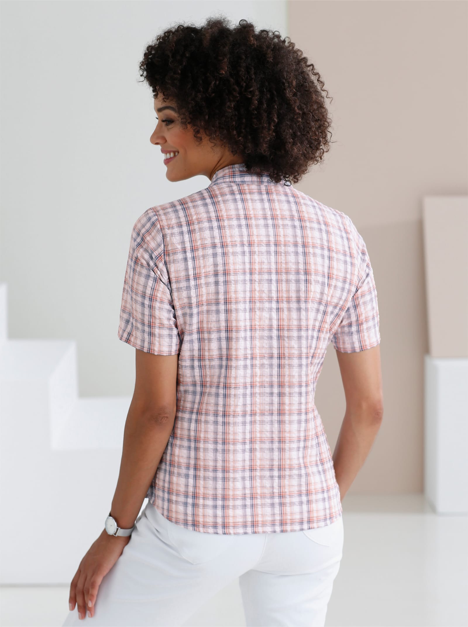 Baumwollbluse aus Seersucker - grapefruit-kariert