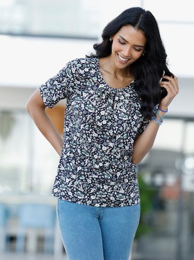 Kurzarmshirt mit floralem Allover-Druck - marine-jade-bedruckt