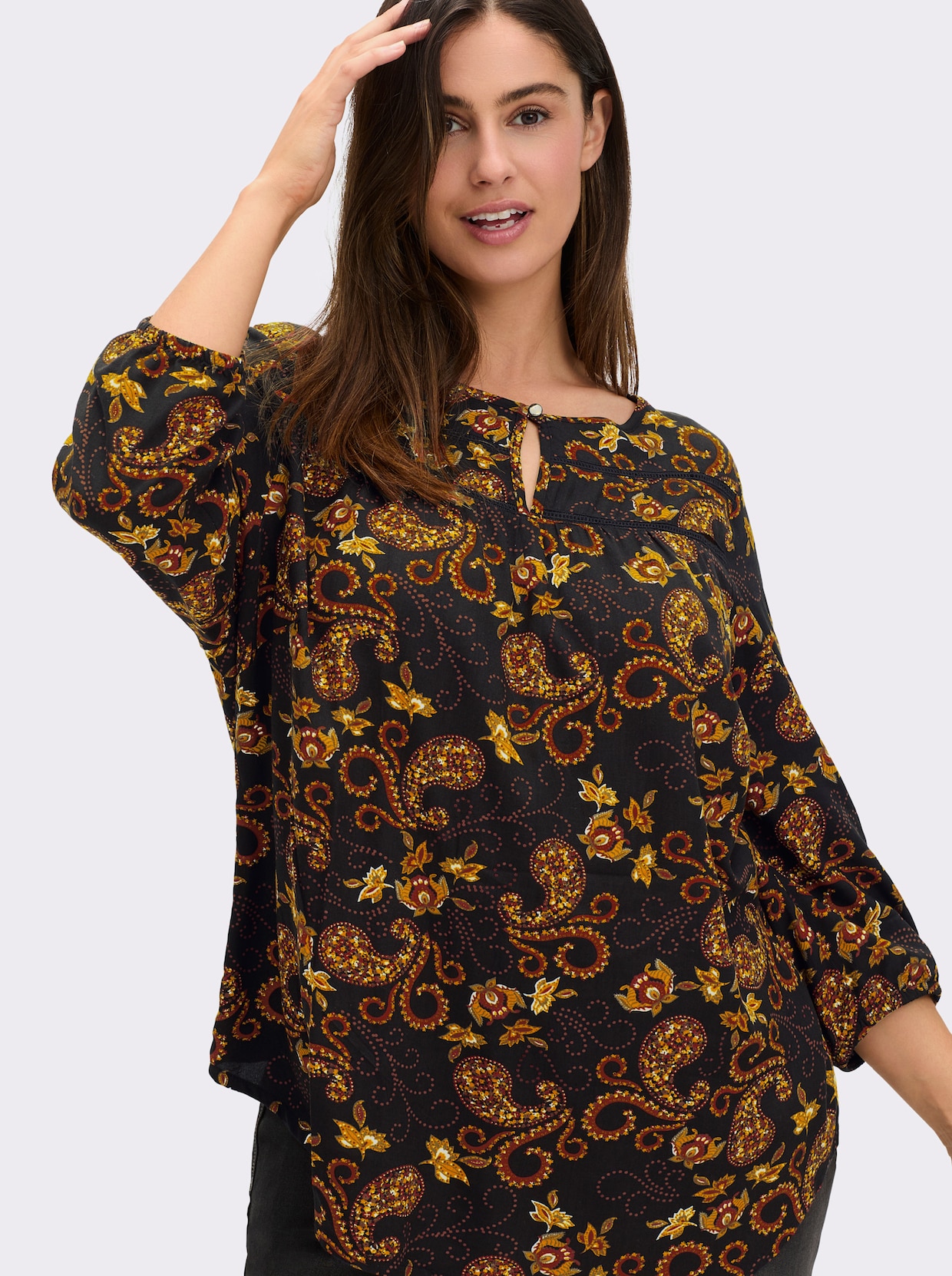 Schlupfbluse mit Paisleymuster, aus Viskose - schwarz-ocker-bedruckt