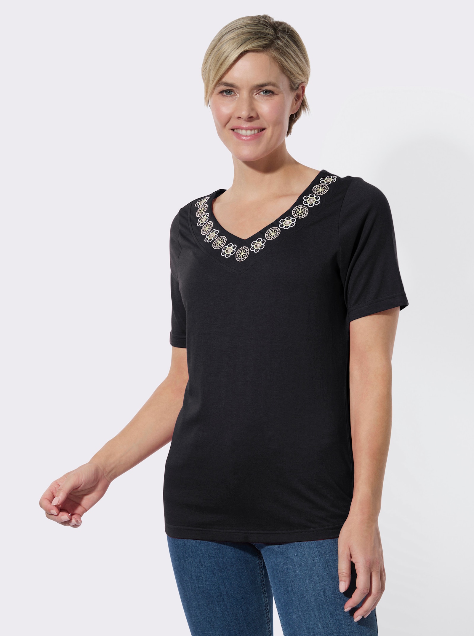 V-Shirt mit Stickereien und Glitzersteinchen - schwarz
