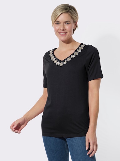 V-Shirt mit Stickereien und Glitzersteinchen - schwarz