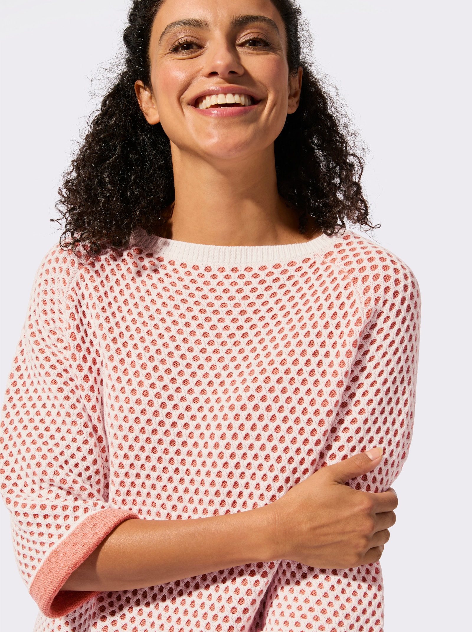 Strickpullover in Netz-Optik - papaya-ecru