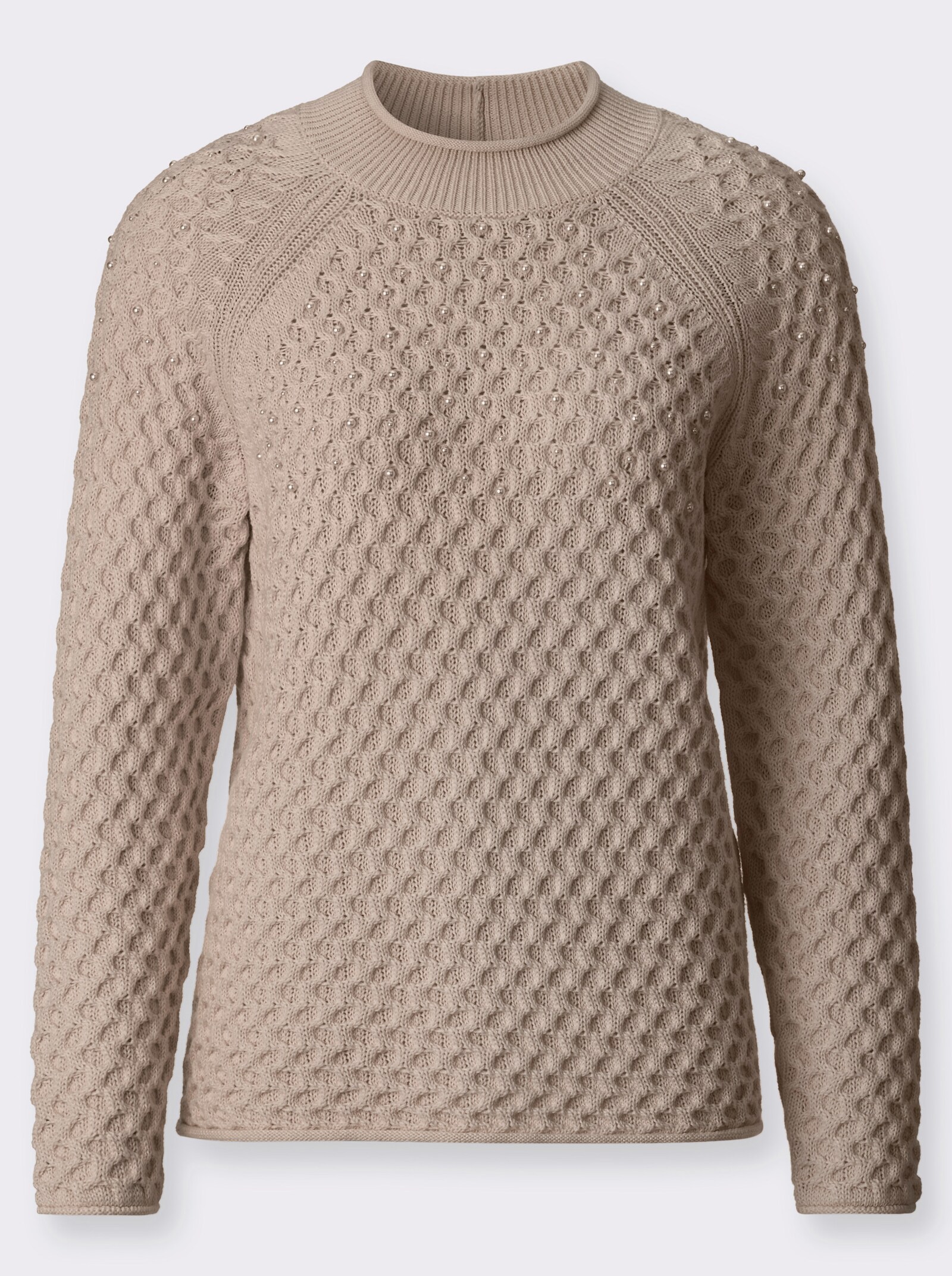 Stehkragenpullover mit Zierperlen - sesam