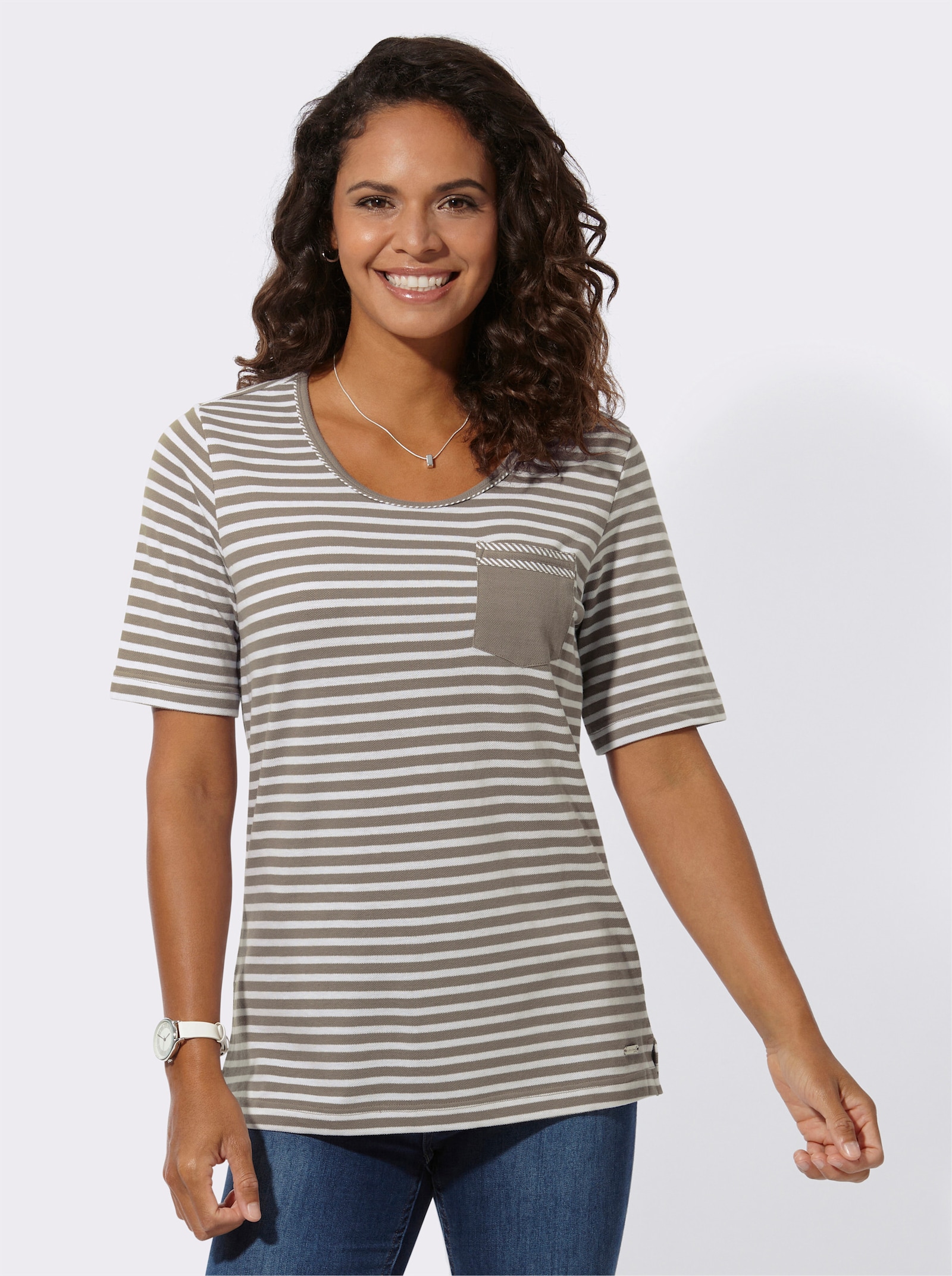  Ringelshirt mit kleiner Brusttasche - taupe-weiß-geringelt