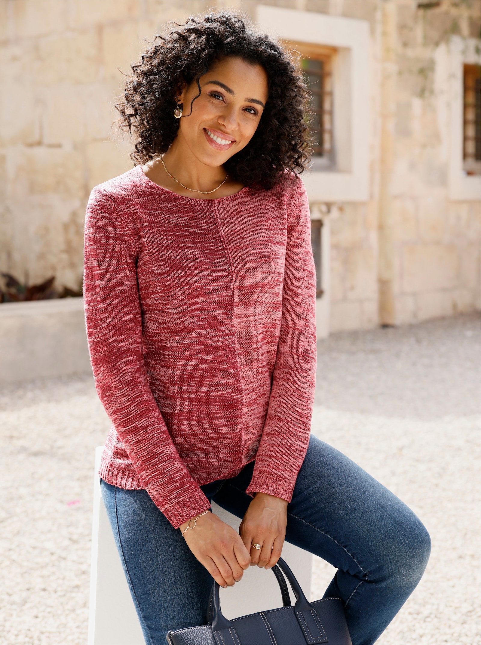 Langarm-Pullover im 2-farbigen Melange-Strick - dunkelrot-flamingo-meliert