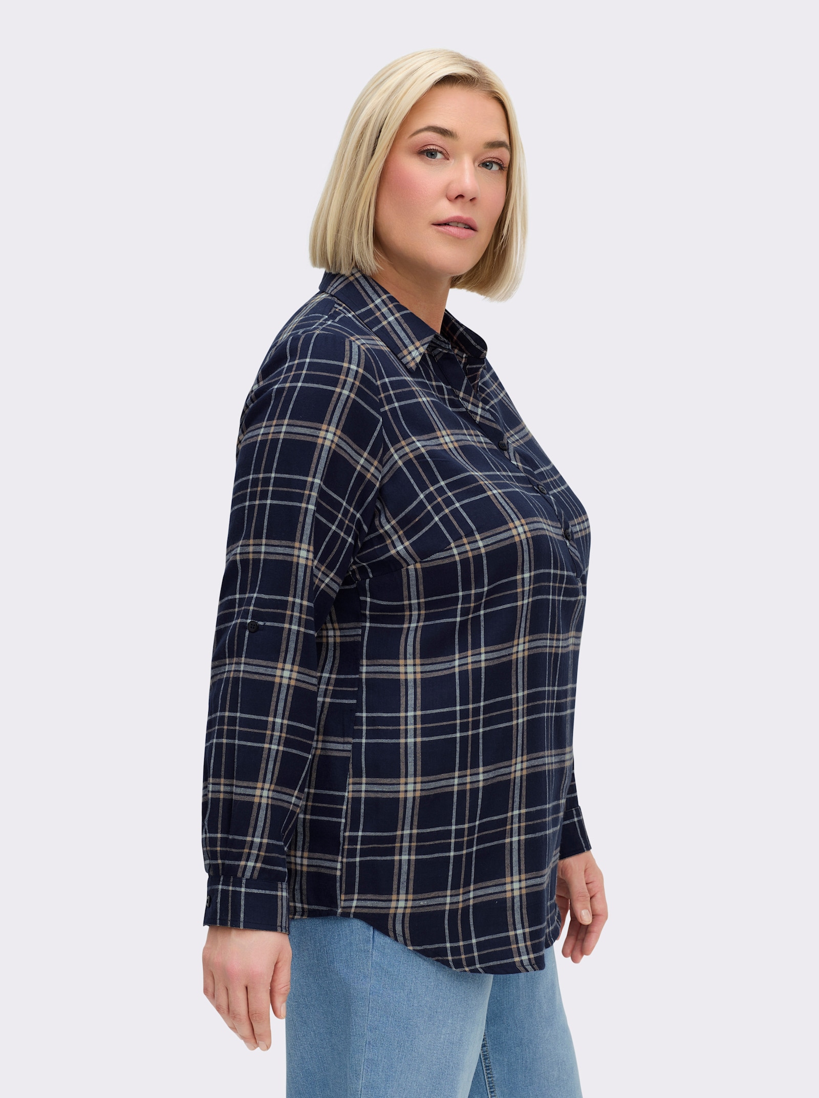 Flanellbluse mit krempelbaren Ärmeln - marine-weiß-kariert