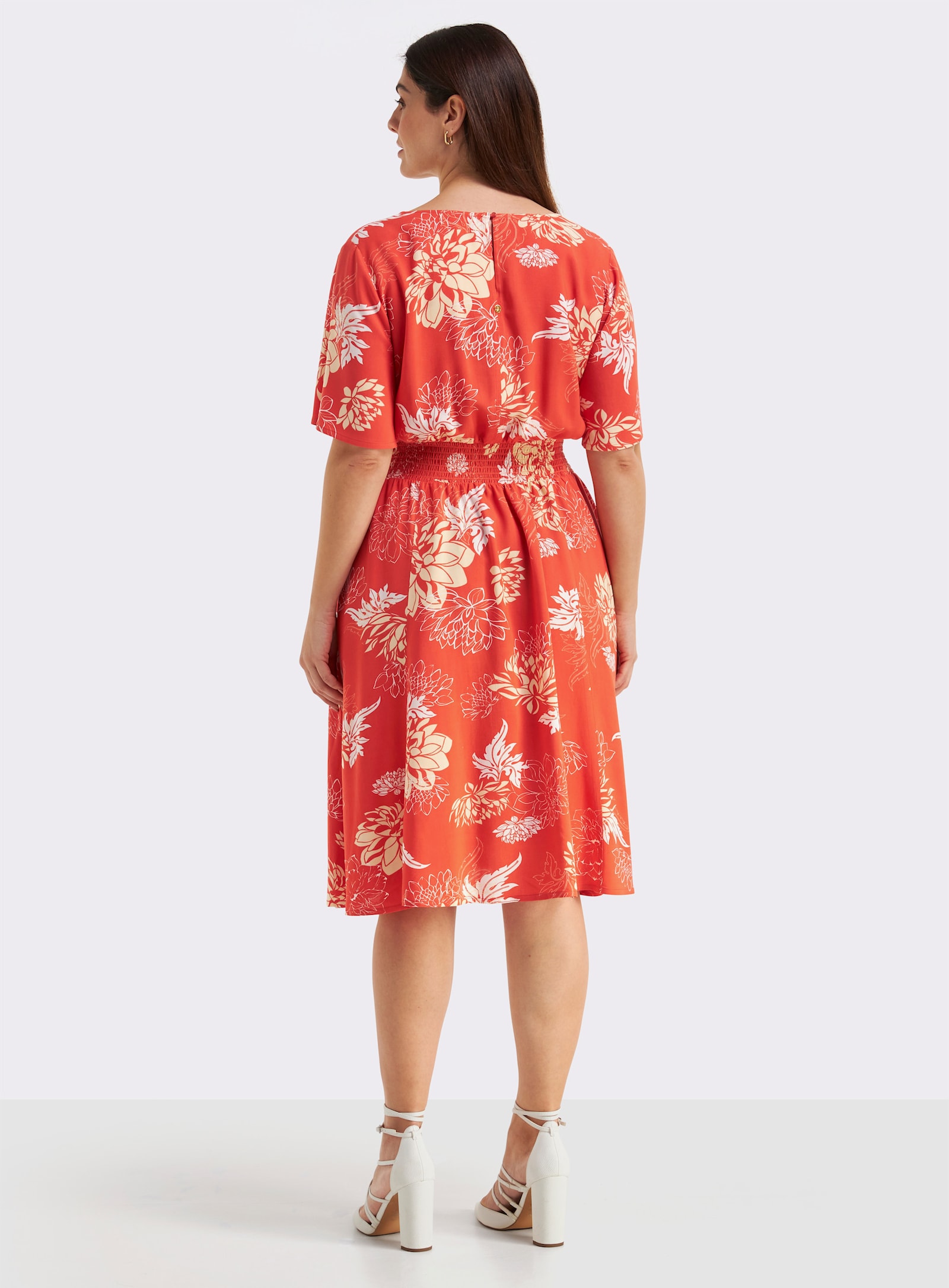 Blumenkleid mit breitem Smokbund - terra-vanille-bedruckt