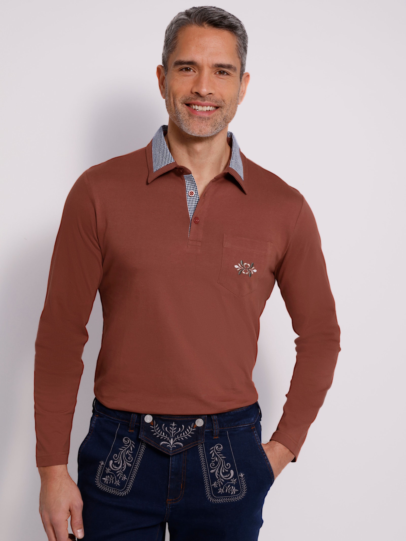 Langarm-Poloshirt mit Webkaro-Details - rotbraun