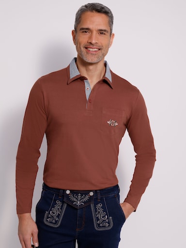 Langarm-Poloshirt mit Webkaro-Details - rotbraun