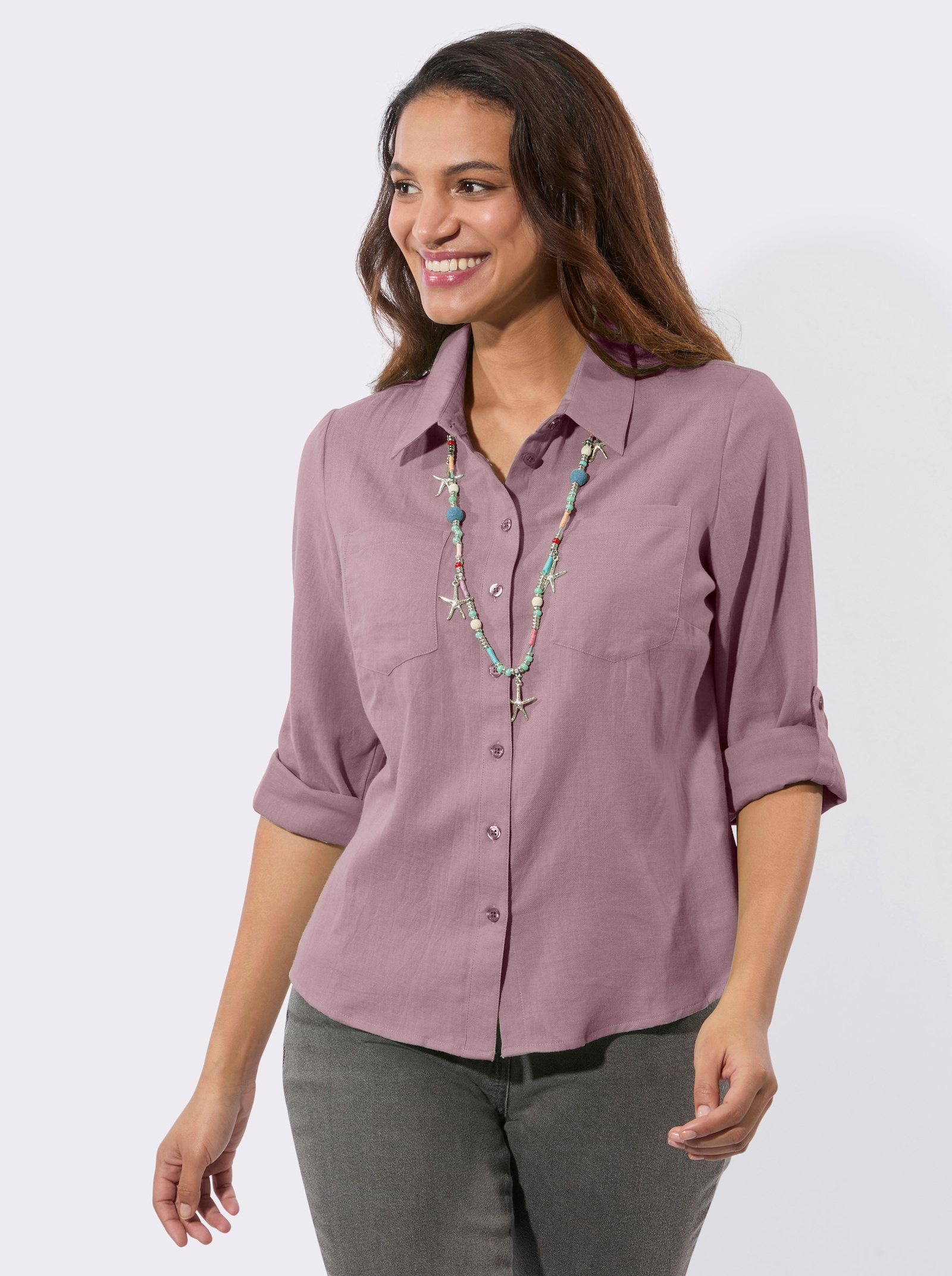 Flanellbluse mit Karomuster-Details - mauve