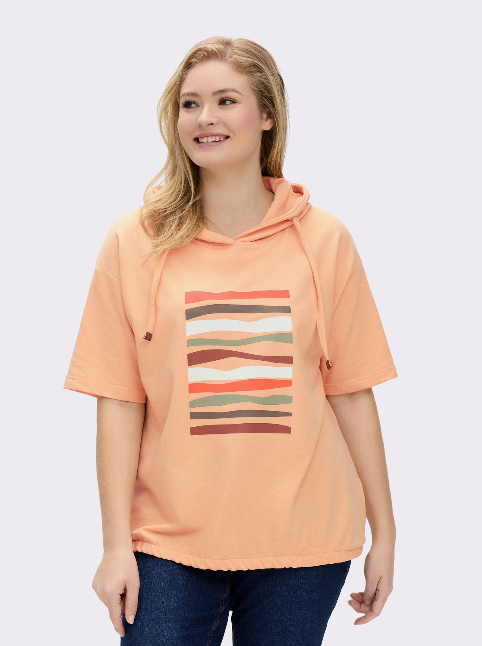 Kapuzensweatshirt mit elastischem Saum - apricot-ecru-bedruckt