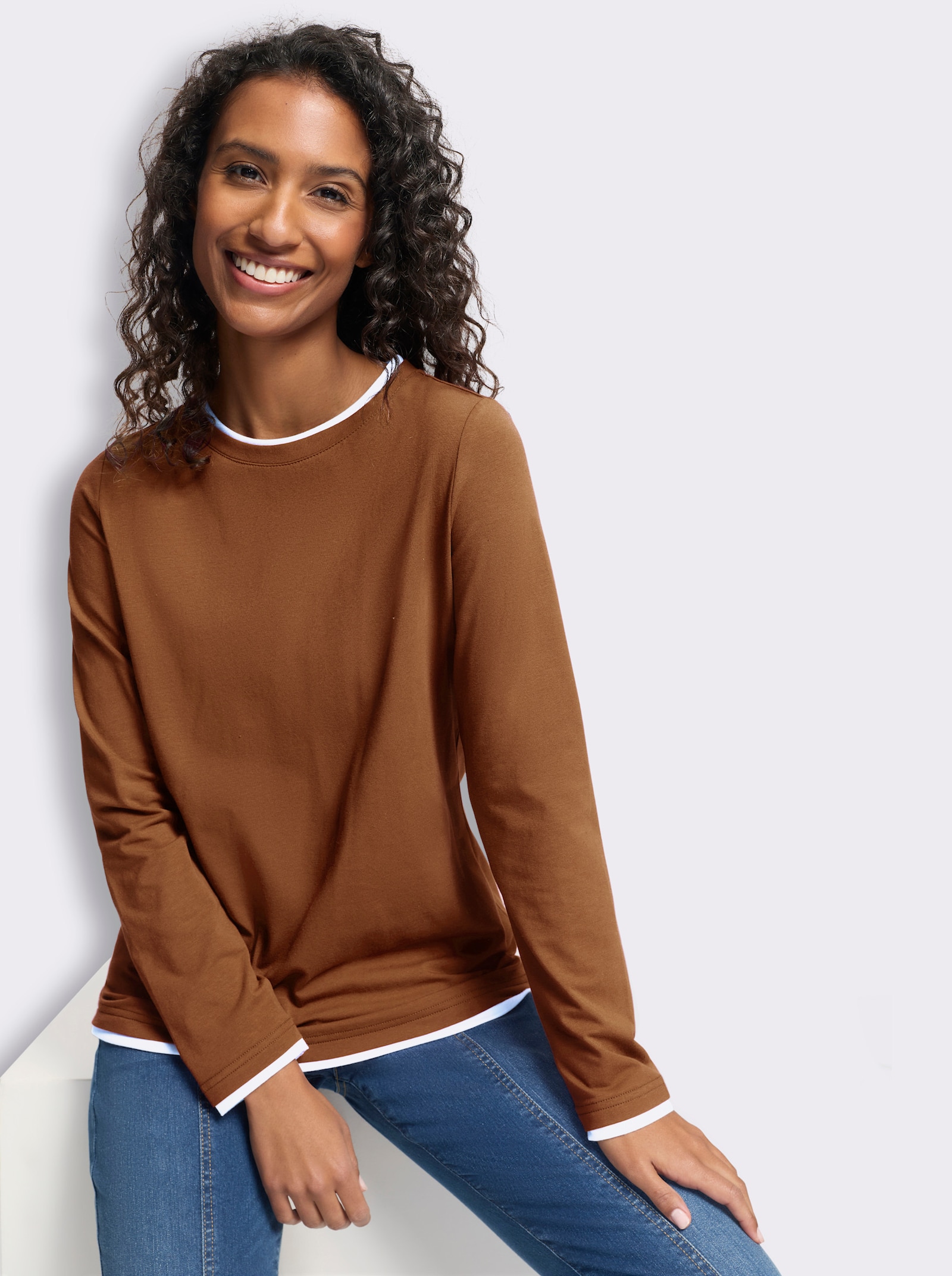 heine Rundhalsshirt in 2-in-1-Optik - cognac-weiß