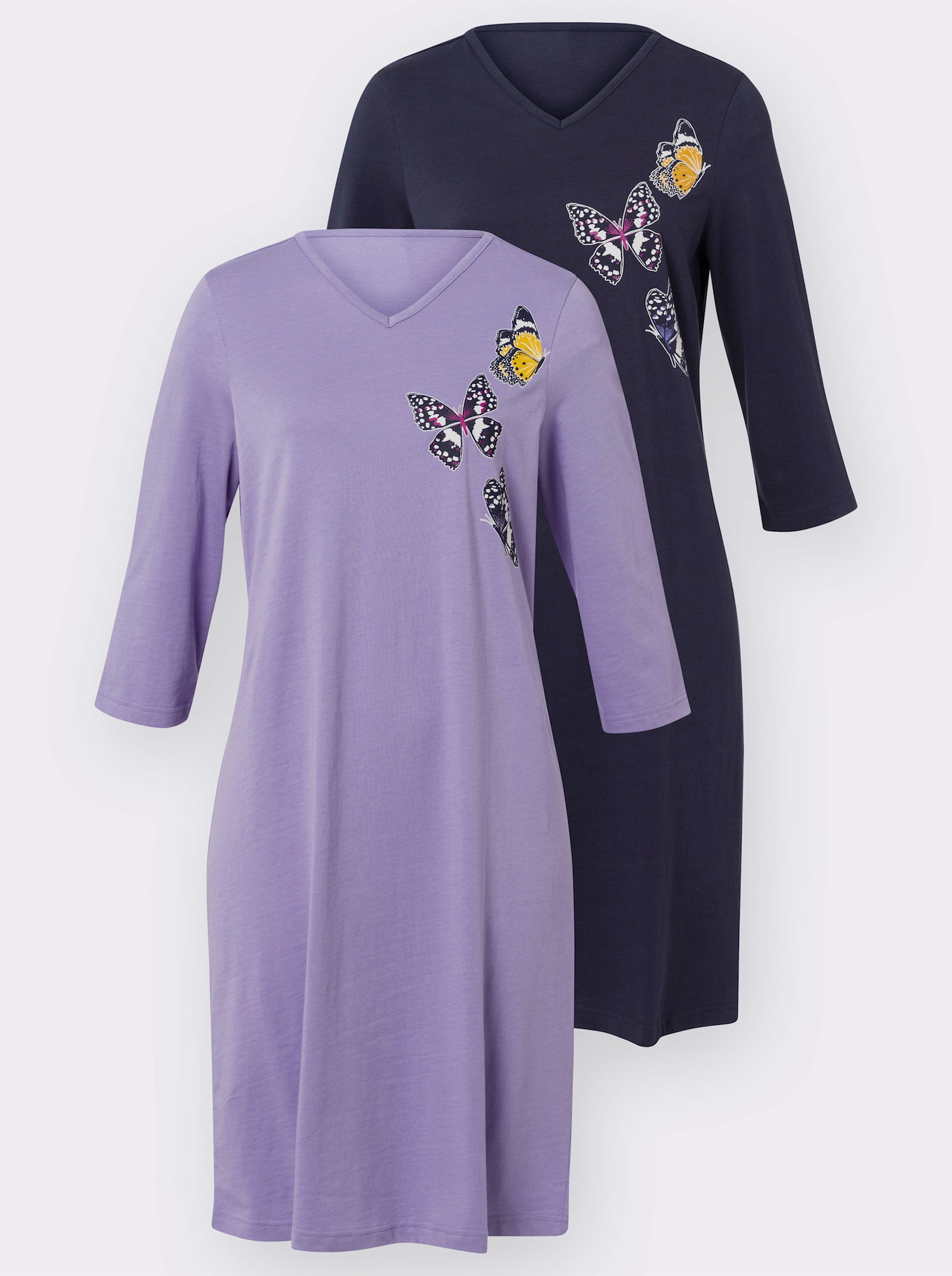 Nachthemden mit platziertem Druck, reine Baumwolle - marine + lavendel