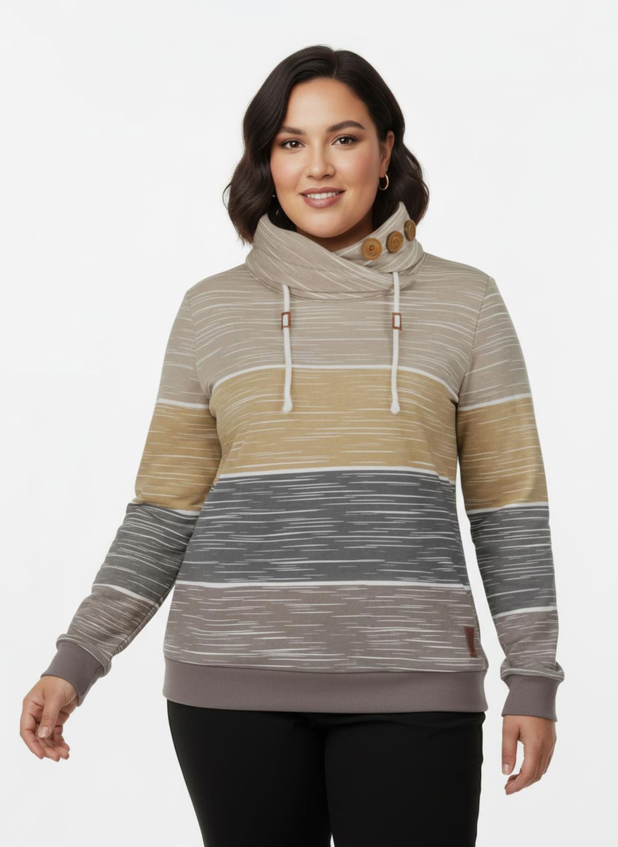 Sweatshirt mit Zierknöpfen am Kragen - dunkeltaupe-sesam-bedruckt