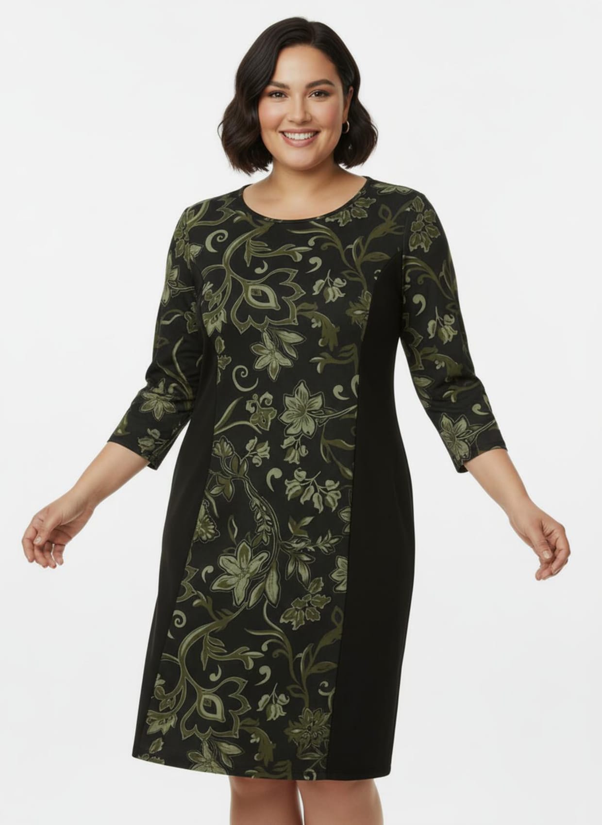 Jerseykleid im floralen Dessin - schwarz-oliv-bedruckt