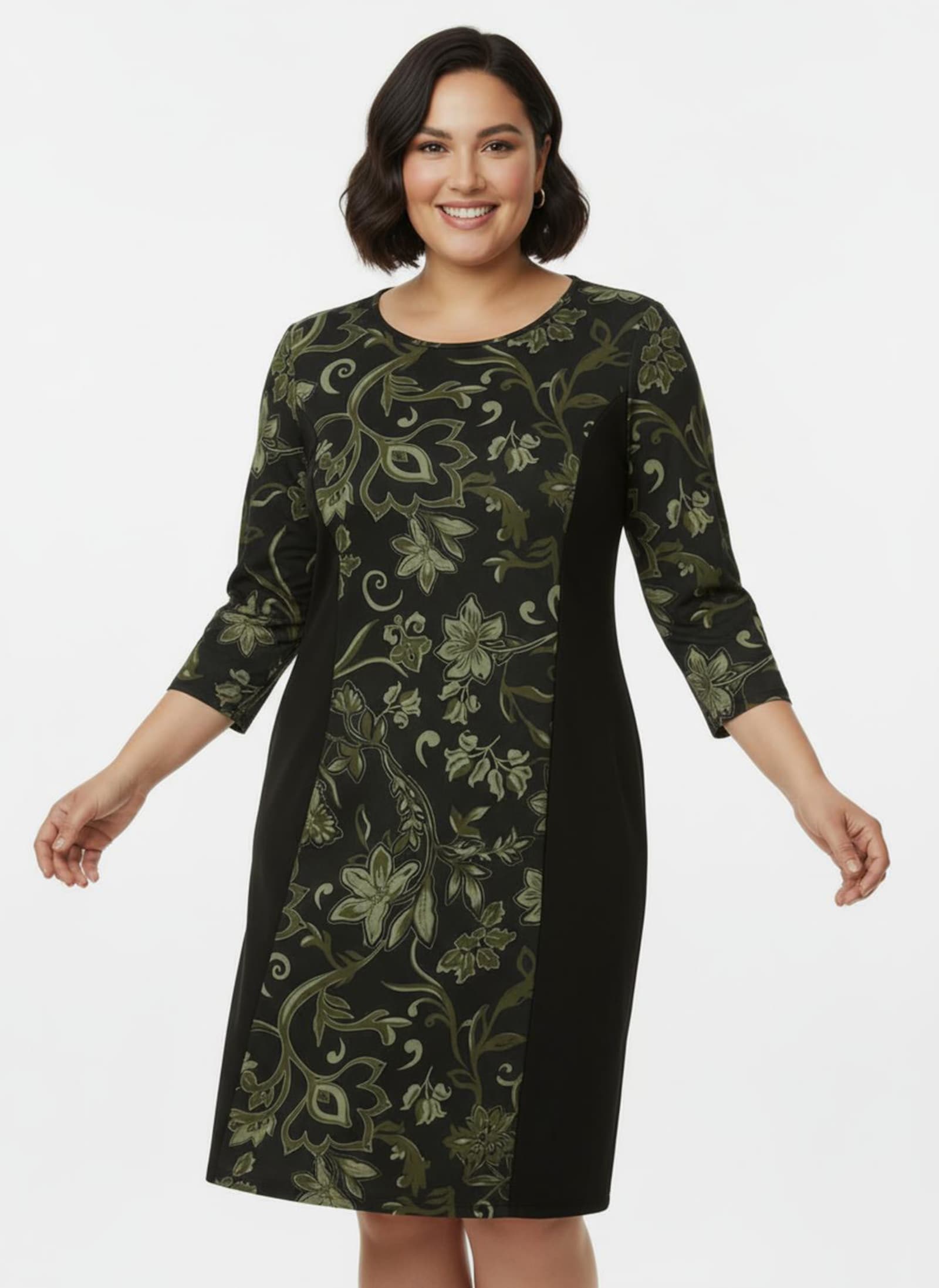 Jerseykleid im floralen Dessin - schwarz-oliv-bedruckt