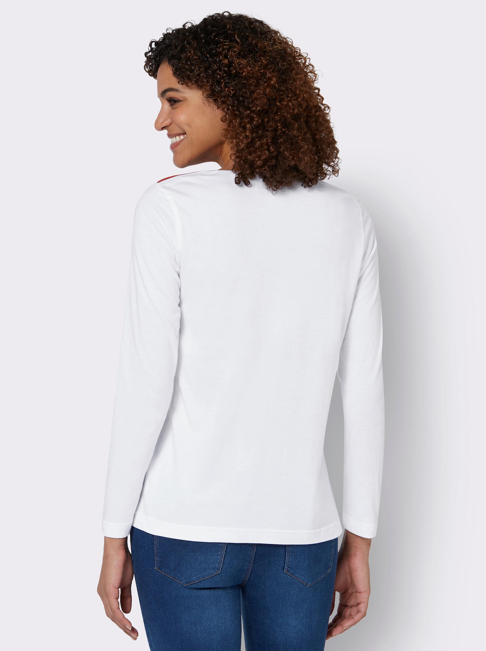 Langarmshirt mit Lederimitat-Emblem - weiß