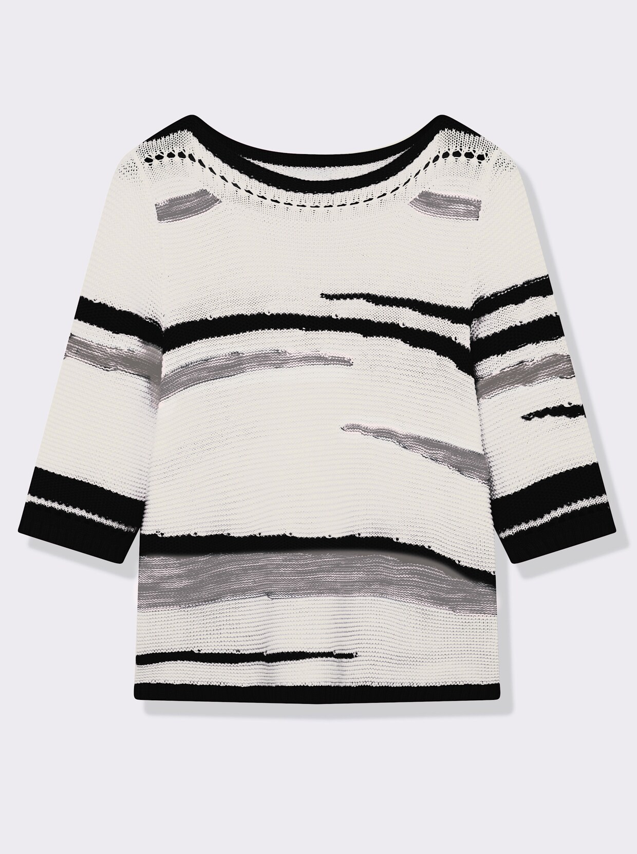 3/4 Arm-Pullover mit Lochmuster - weiß-schwarz-gemustert