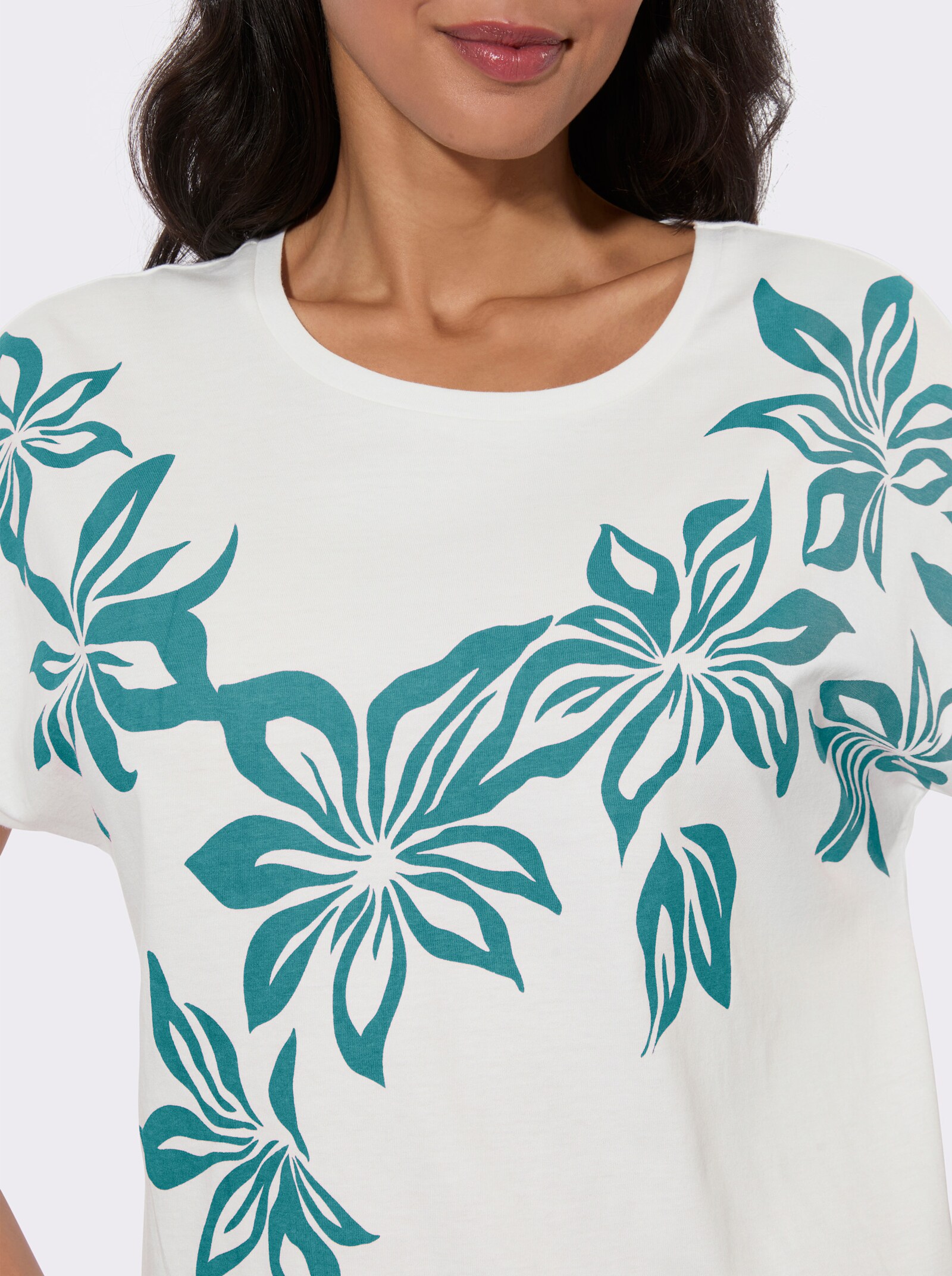 Kurzarmshirt mit Blumen-Druck im Vorderteil - ecru-ozean