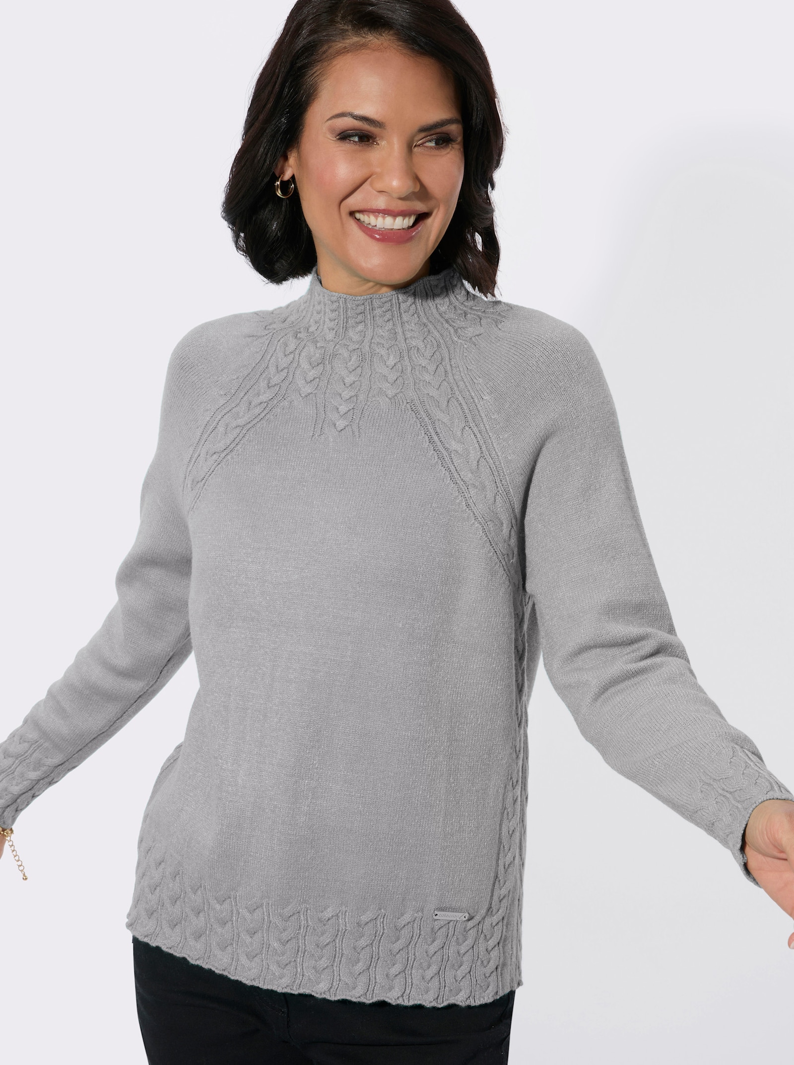 Stehkragenpullover mit Zopfmuster vorn - steingrau-meliert
