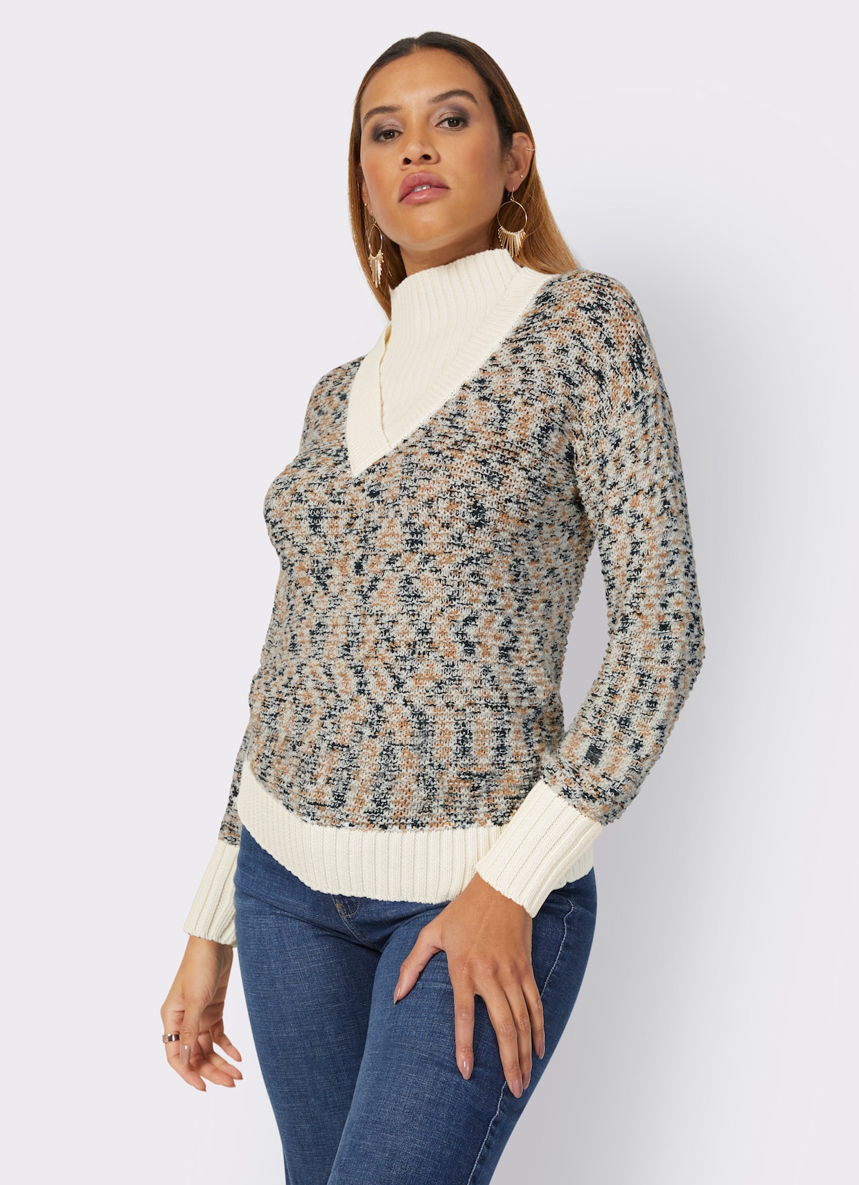 2-in-1-Pullover - champagner-petrol-gemustert