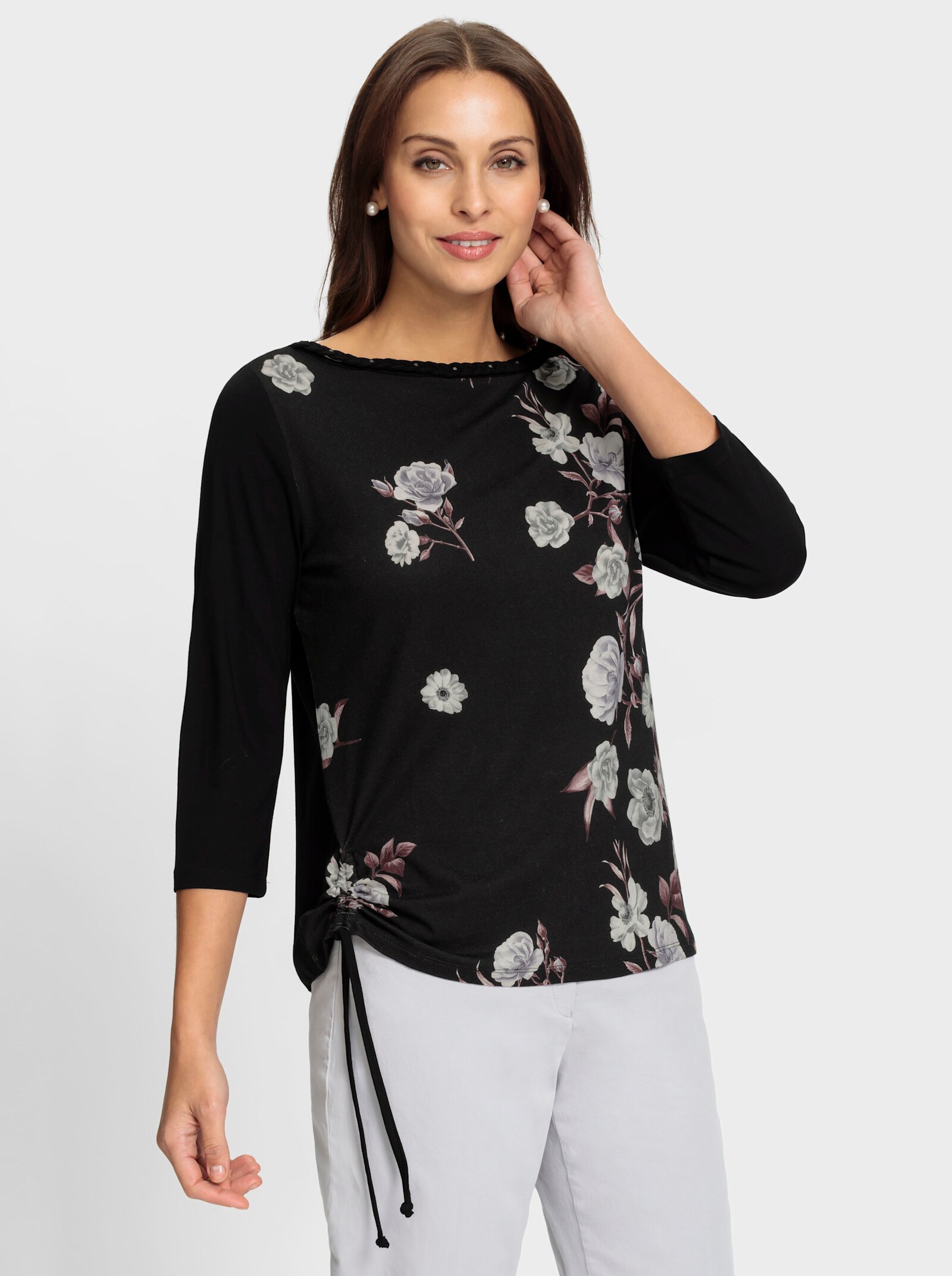 3/4-Arm-Shirt mit Glitzersteinchen - schwarz-flieder-bedruckt