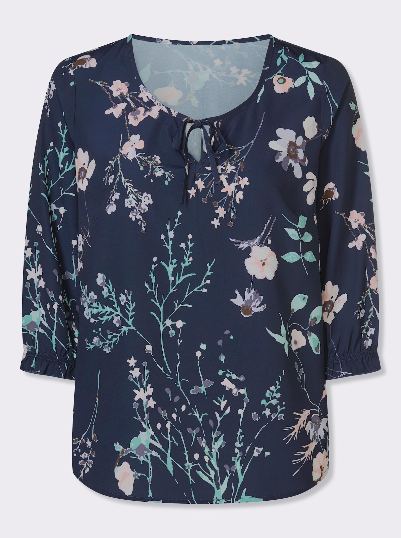 Navlékací halenka s volánky na rukávech - námořnická modrá-světle růžová-potisk