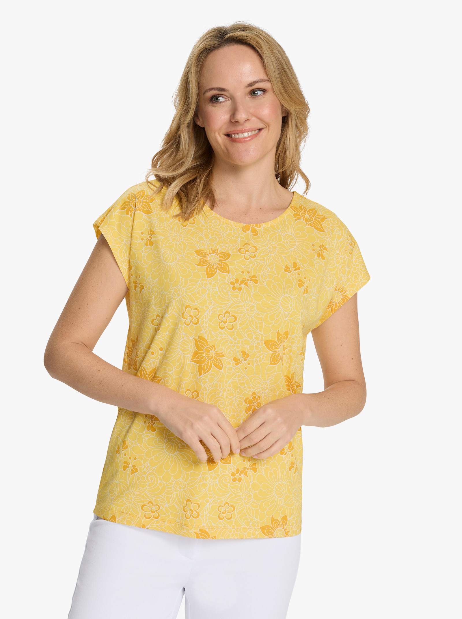 Kortärmad topp med blomtryck - gul-ockra-med tryck