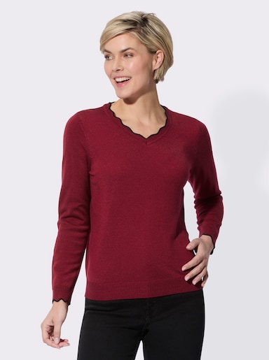 V-Ausschnitt-Pullover mit gewelltem Abschluss - kirsche