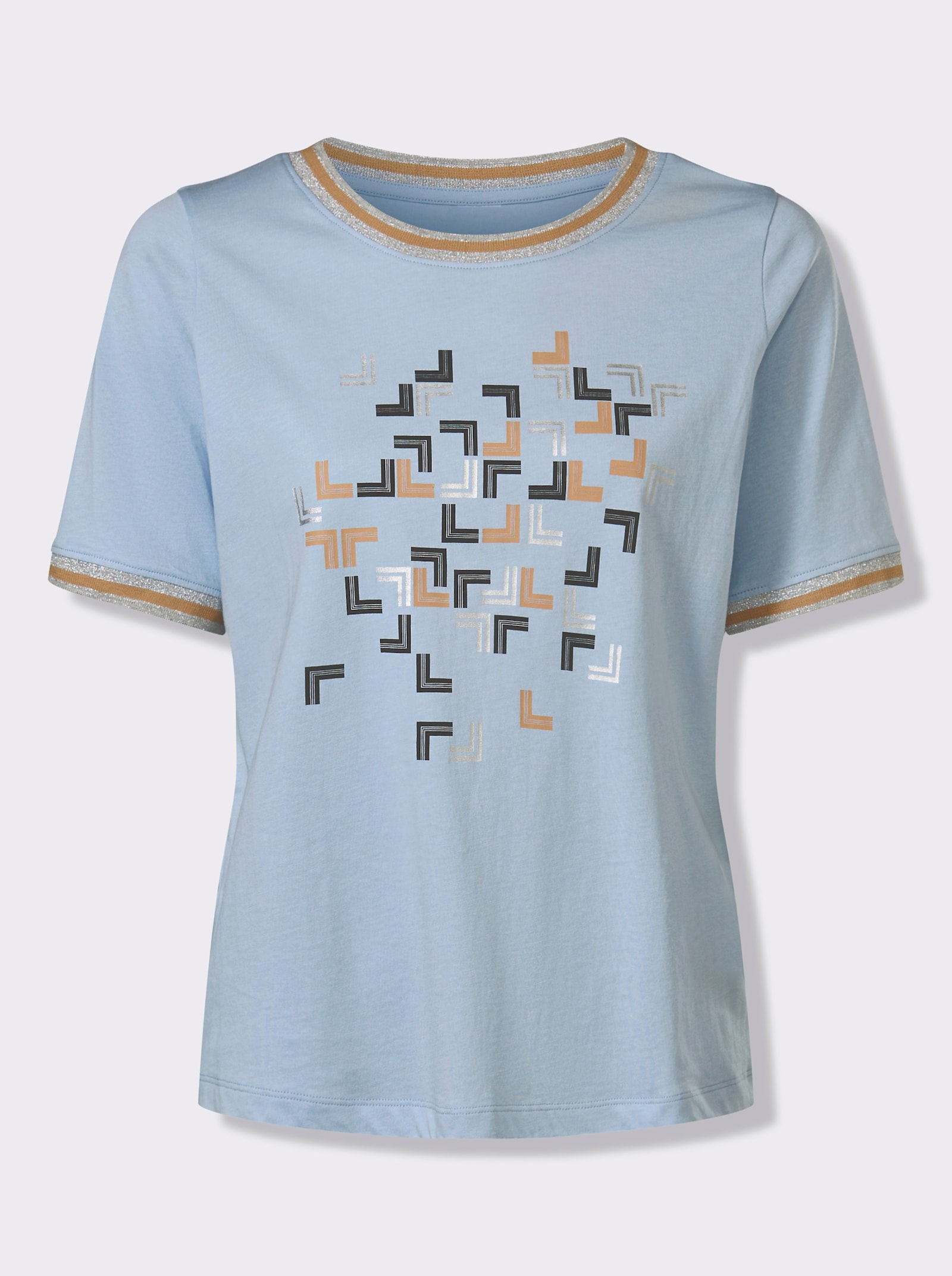 Kurzarmshirt mit silberfarbigem Foliendruck - hellblau-camel