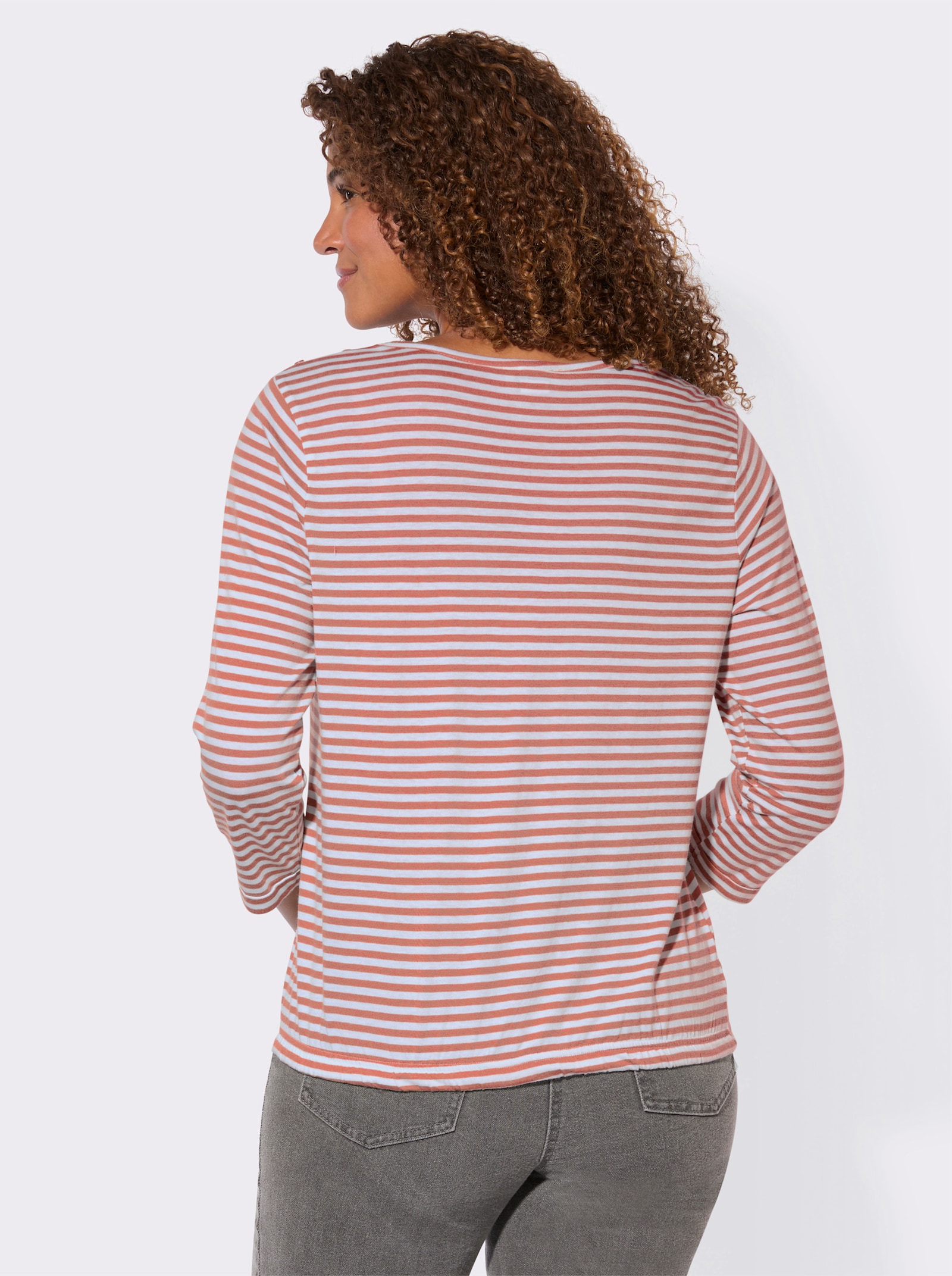 3/4-Arm-Shirt mit Kordel im Saum - papaya-weiß-geringelt