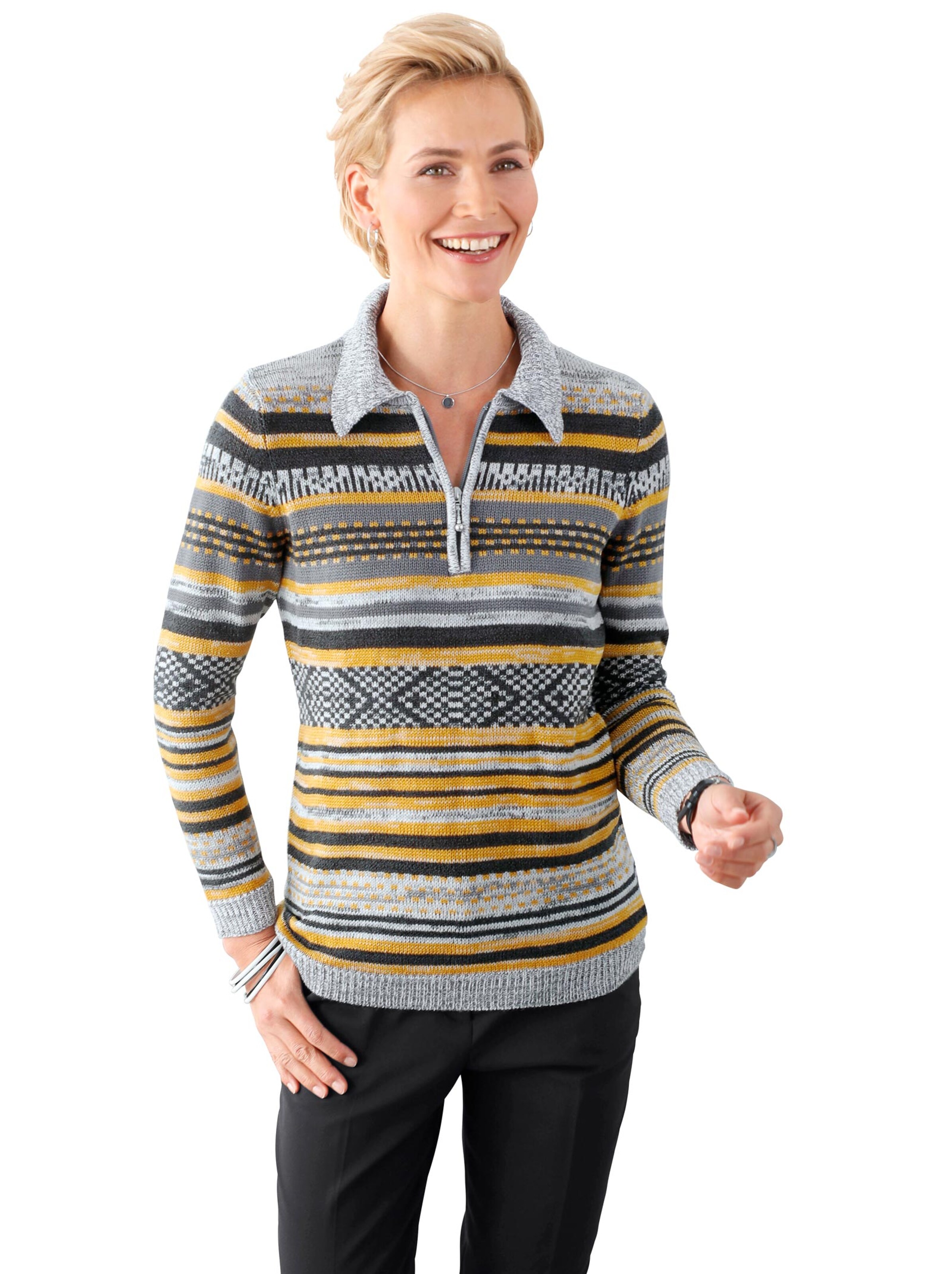 Pullover - curry-grau-geringelt